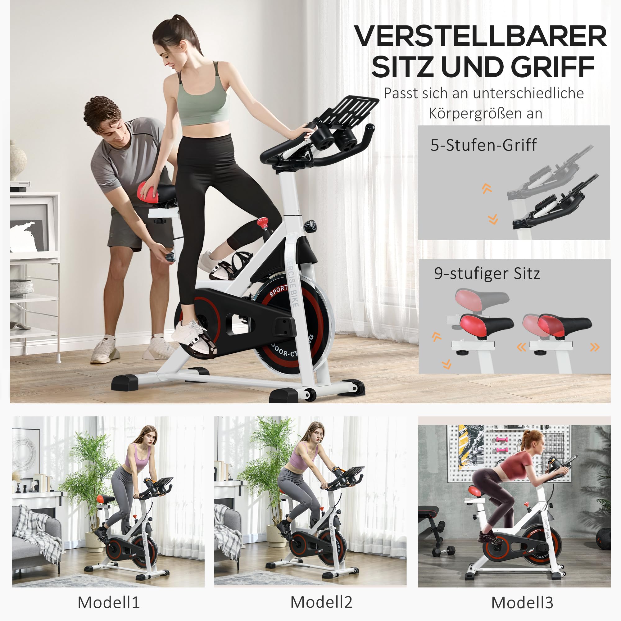 HOMCOM Heimtrainer Leiser Fahrrad Hometrainer Fahrrad mit LCD-Display, verstellbarem Sitz, Rollen, Indoor Fitnessbike mit Becherhalter für Zuhause, Stahl, weiß