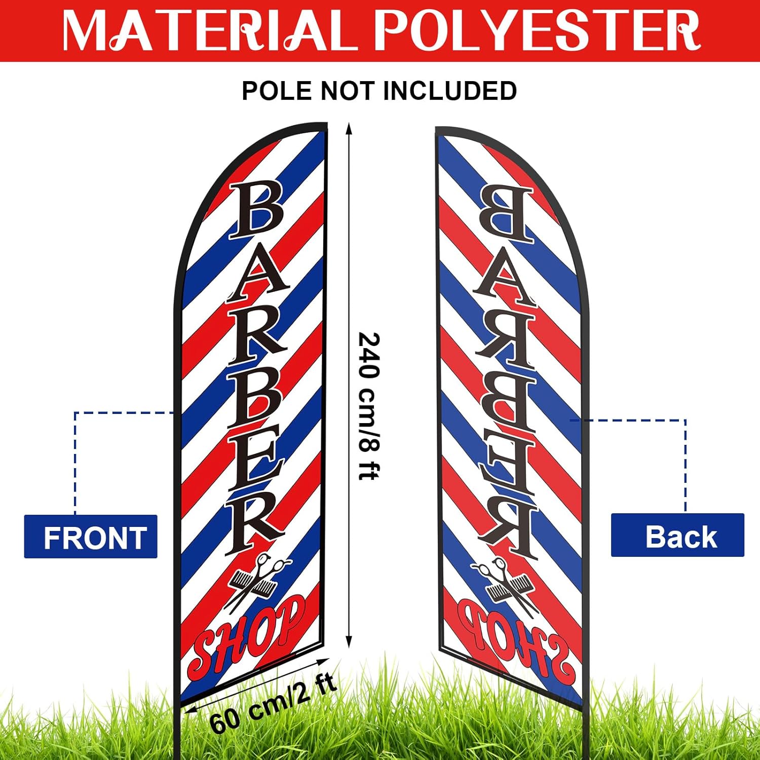 VitalCozy 2 Pcs Barber Flag Barbershop Sign Banner for Salon Business Outside Barber Shop Sign Windless Banner Feather Swooper Flag for Shop Advertising Business Outdoor(8 ft)