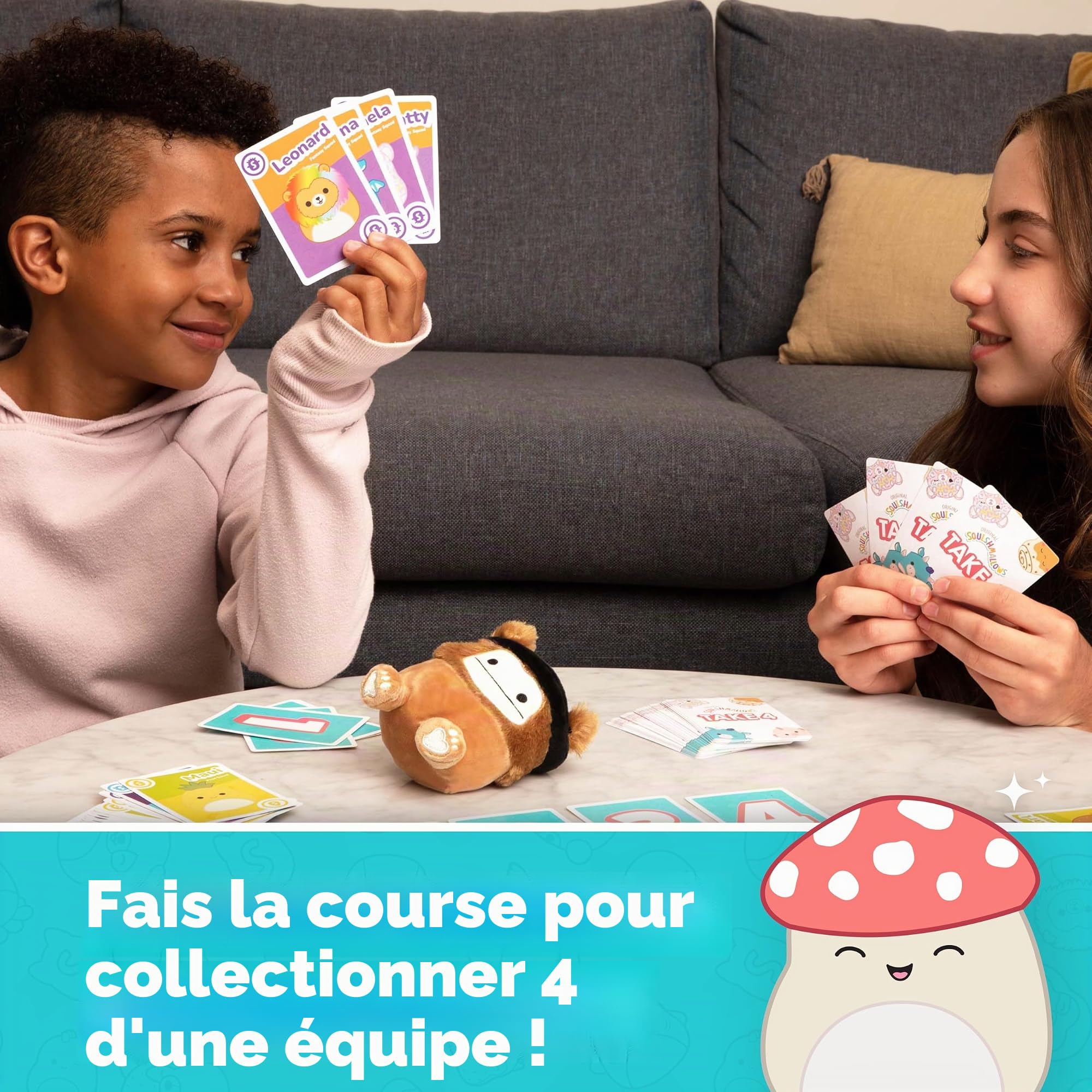 WHAT DO YOU MEME? Squishmallows Take4 : Le jeu de cartes familial au rythme rapide, idéal pour les garçons et les filles de 8 ans et plus, comprend Benny The Bigfoot Squishmallow, des jeux de vacances