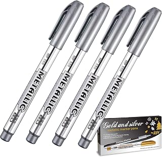 4 Pieces Metallic Marker Pens, Metallic Permanent Paint Pen Markers Painting Pens Suitable for Black Paper Glass Signature Cards Scrapbook Artist Illustration Writing Lettering (Silver)