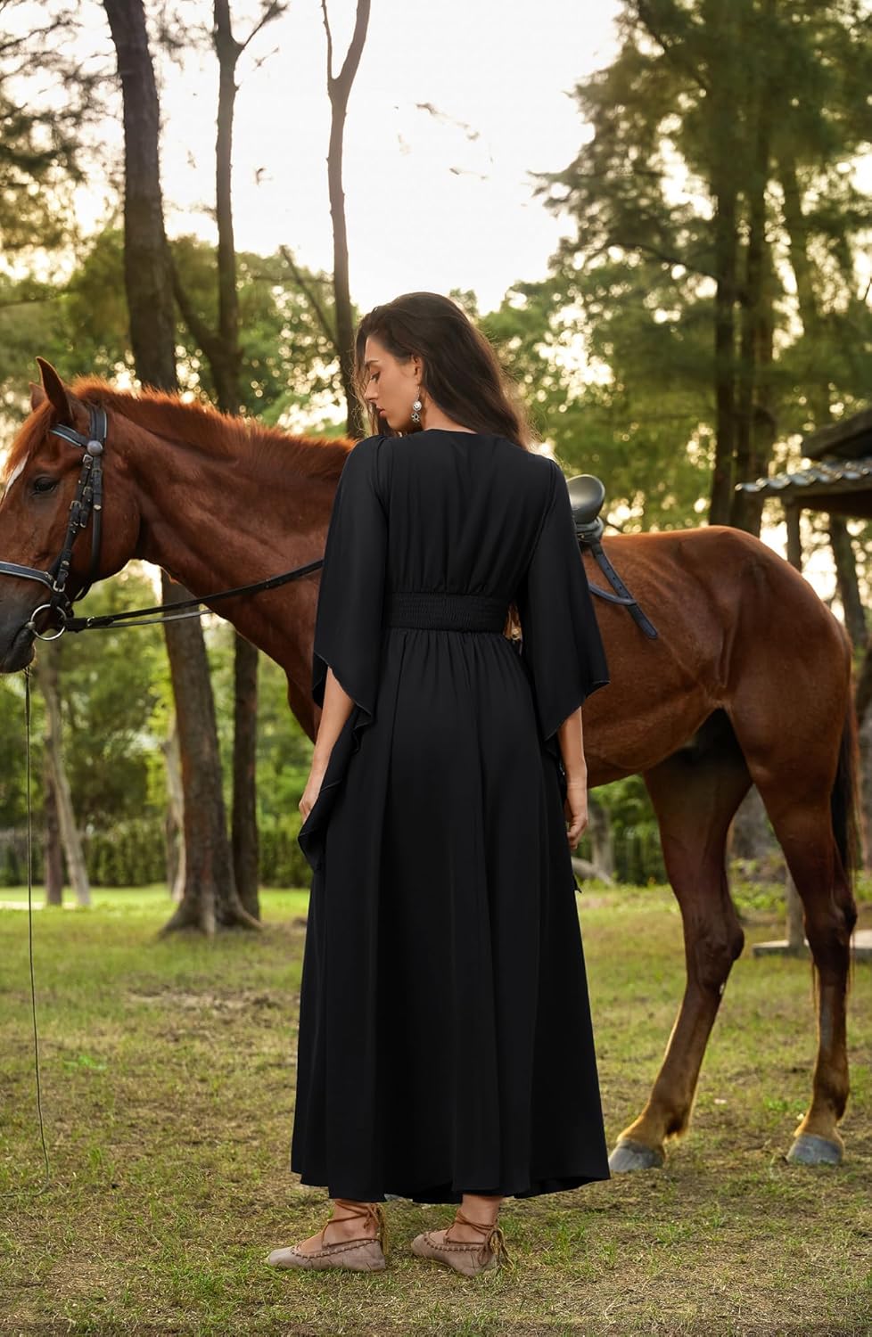 SCARLET DARKNESS Renaissance Dress Women Bell Sleeve Fairy Dresses Witch Costume Split Maxi Dress with Pockets - Image 6