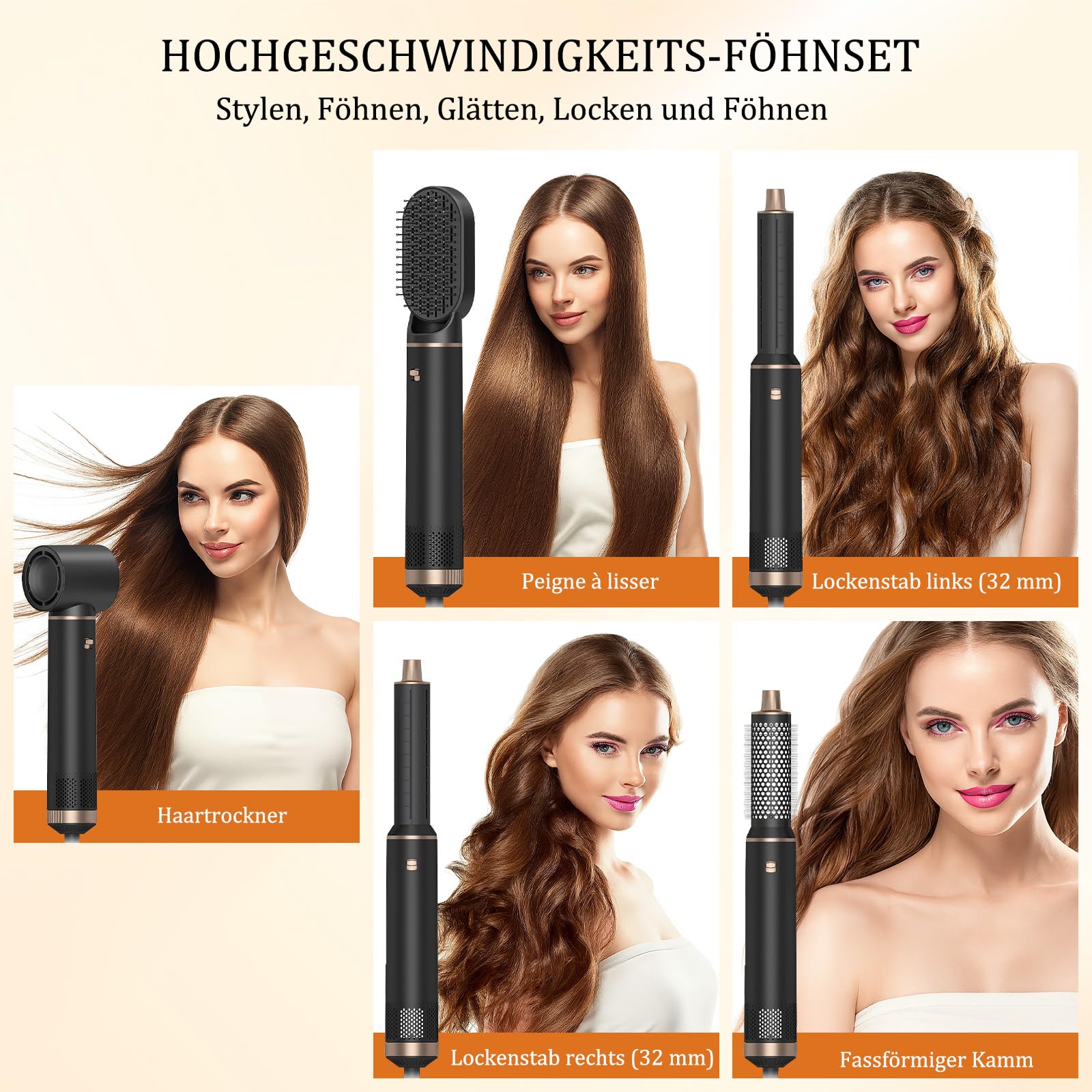 Airstyler 5 in 1 Hairstyler Haarstyler, Föhnbürste mit haartrockner für Frauen, Warmluftbürste Airstyler mit Föhn, Glätten, Lockenstab Automatisch, Haarglätter, Rundbürstenföhn, Ionen Air Styler