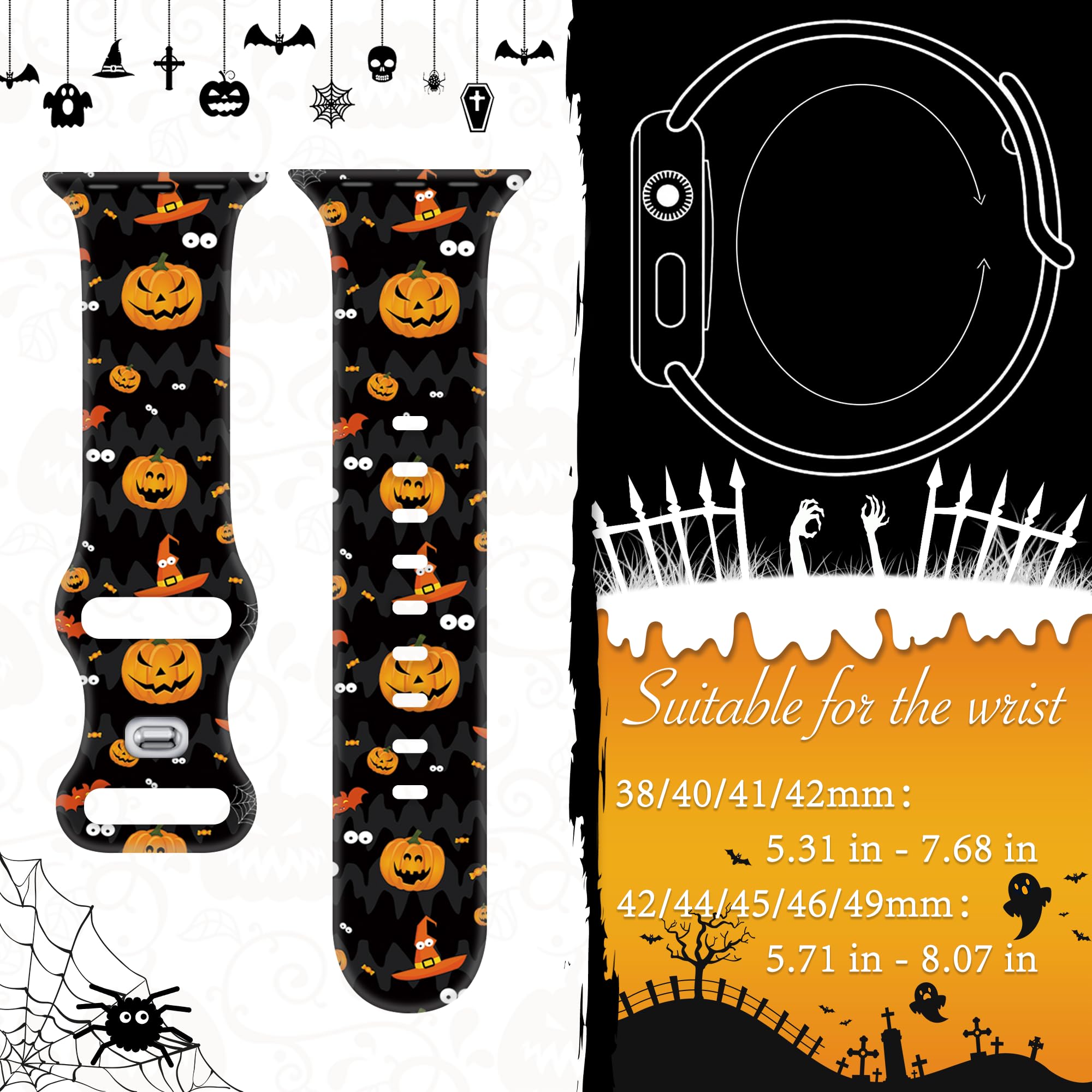 Halloween-Armband, kompatibel mit Apple Watch, 41 mm, 40 mm, 38 mm, Silikon, Kürbis-Violett, Fledermaus-Armband für Damen und Herren, niedliches, modisches und leichtes Armband mit iWatch Serie 9, 8,