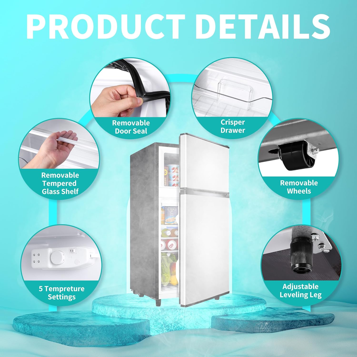 Mini Fridge with Freezer,2-Door 3.5 Cu.Ft Small Refrigerator,-0.4°F to 50°F Temp Control,LED Light,Reversible Door for Dorm,Office,Bedroom,Garage,Apartment,Adjustable Shelves (Silver)