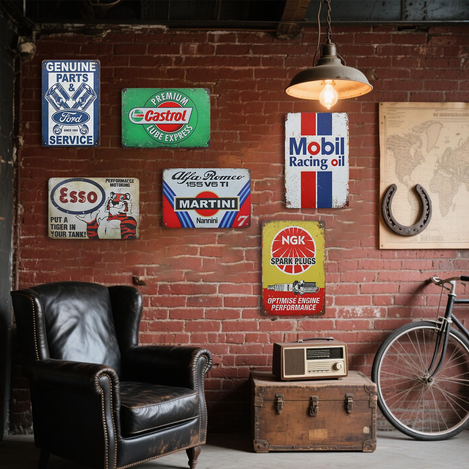 Zestaw 6 retro metalowych tabliczek ściennych do garażu i motocykli