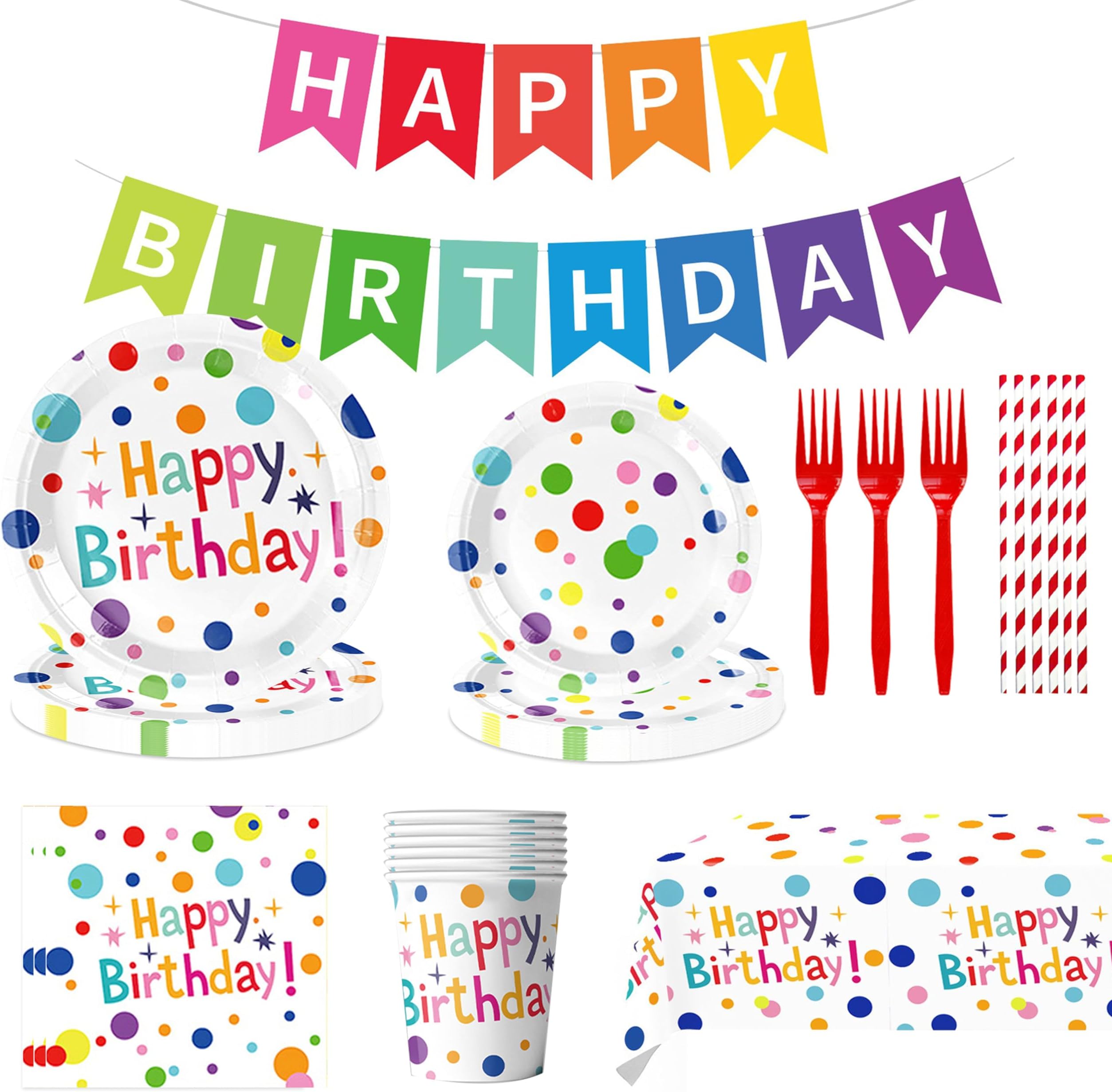 142Pcs Happy Birthday Decorations Set Including Disposable Paper Plates,Napkins,Cups,Tableware,Straws,Tablecloths and Banners Colorful Birthday Decorations Can Accommodate 20 Guests