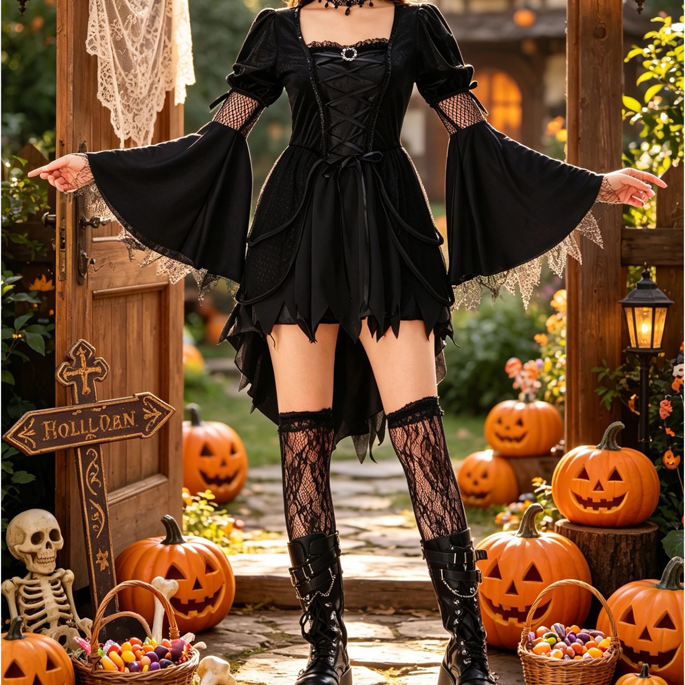 Costume da strega, set completo da donna, abito gotico nero M