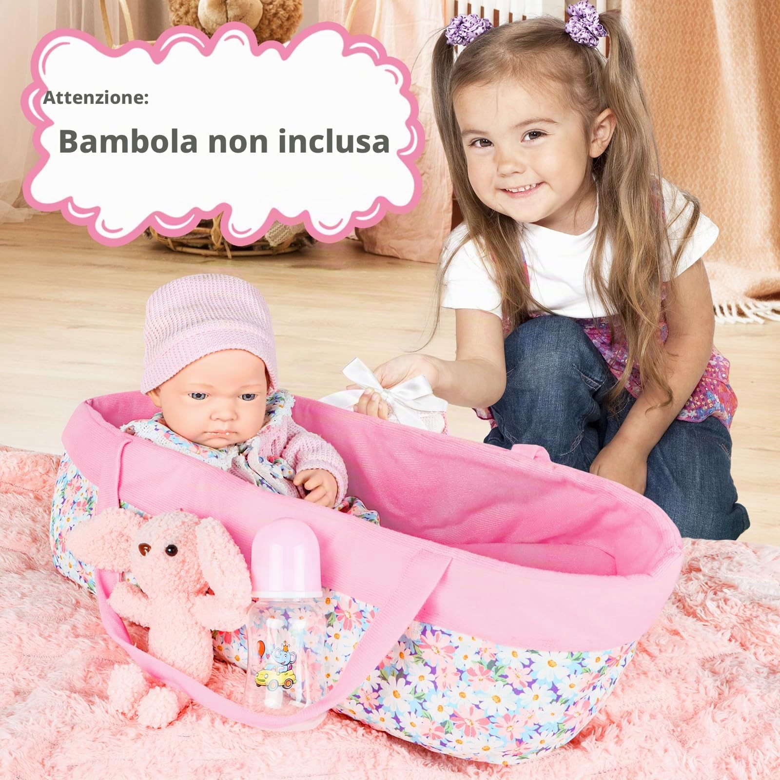 deAO Abbigliamento per Bambole con Culla - Set 11 Pezzi (30-43 cm) 3+ Anni