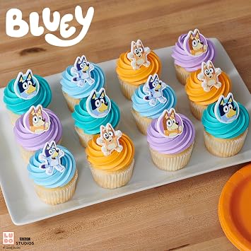 DecoPac Bluey So Much Fun Rings, 24 Cupcake Decorations Featuring Bluey, Bingo, Bandit, and Chilli, 3D Food Safe Cake Toppers 24 Pack