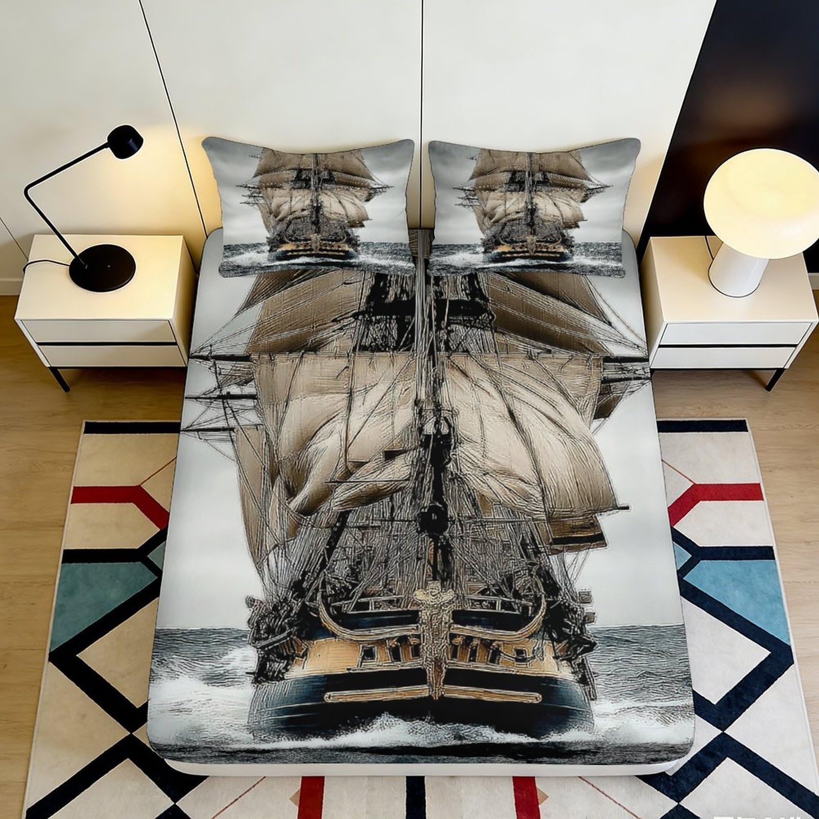 Uynsixtme Style-2 3D Printed Sailing Ship Fitted Sheet Microfiber Deep Pocket Non-Slip Bedding Set Nautical Mattress Fitted Cover Elastic Washable Bedroom 140X200x25cm