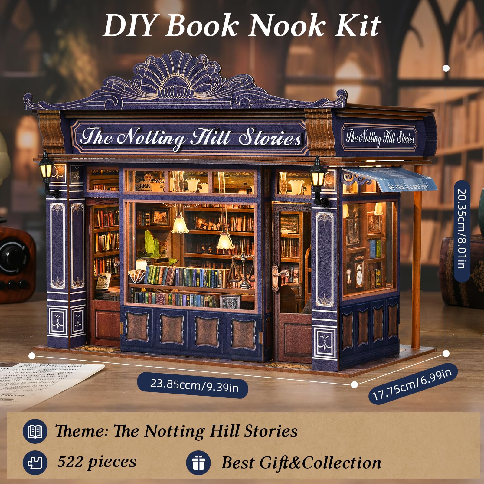ETKVR Kit Book Nook, Puzzle 3D in Legno Fai-da-te Fermalibri Book Nook Miniatura Casa delle Bambole per Decorazione Libreria, Kit Modello DIY Inserto Booknook Vicolo per Adulti - Notting Hill Stories