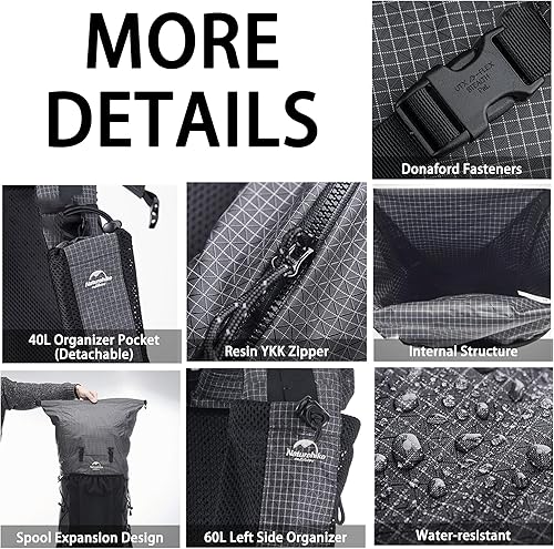 Miniatura 6 de Naturehike Rock-40L60L+5L - Mochila de senderismo con marco interno, bolsa impermeable para camping, mochila ultraligera para exteriores con