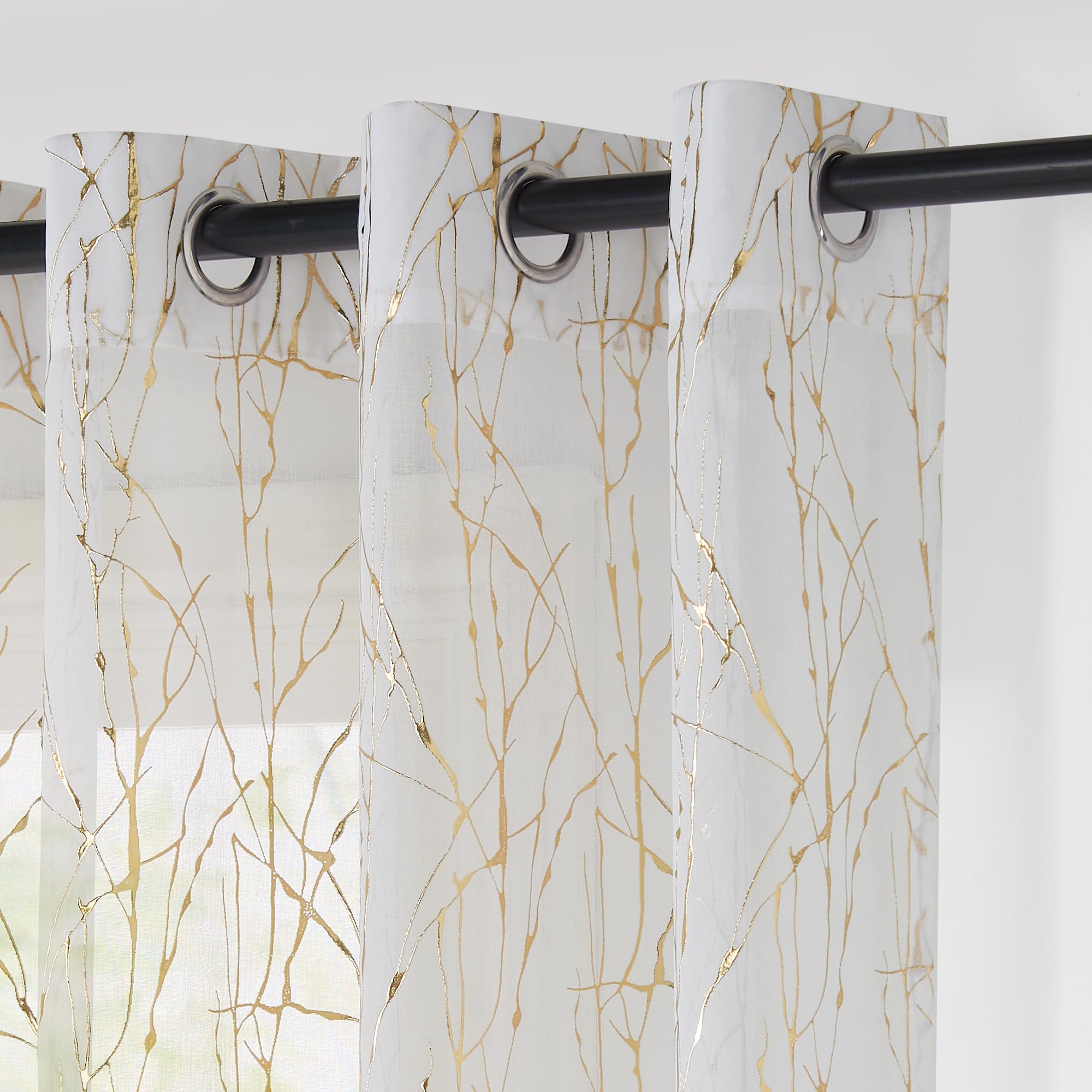 PONY DANCE Linen Look Voile Curtains with Gold Branch Pattern - Net Curtains for Windows 52 x 84 Inches for Bedroom/French Door, Eyelet Sheer Panels Semi Transparent Window Treatment, Set of 2 โ image 1