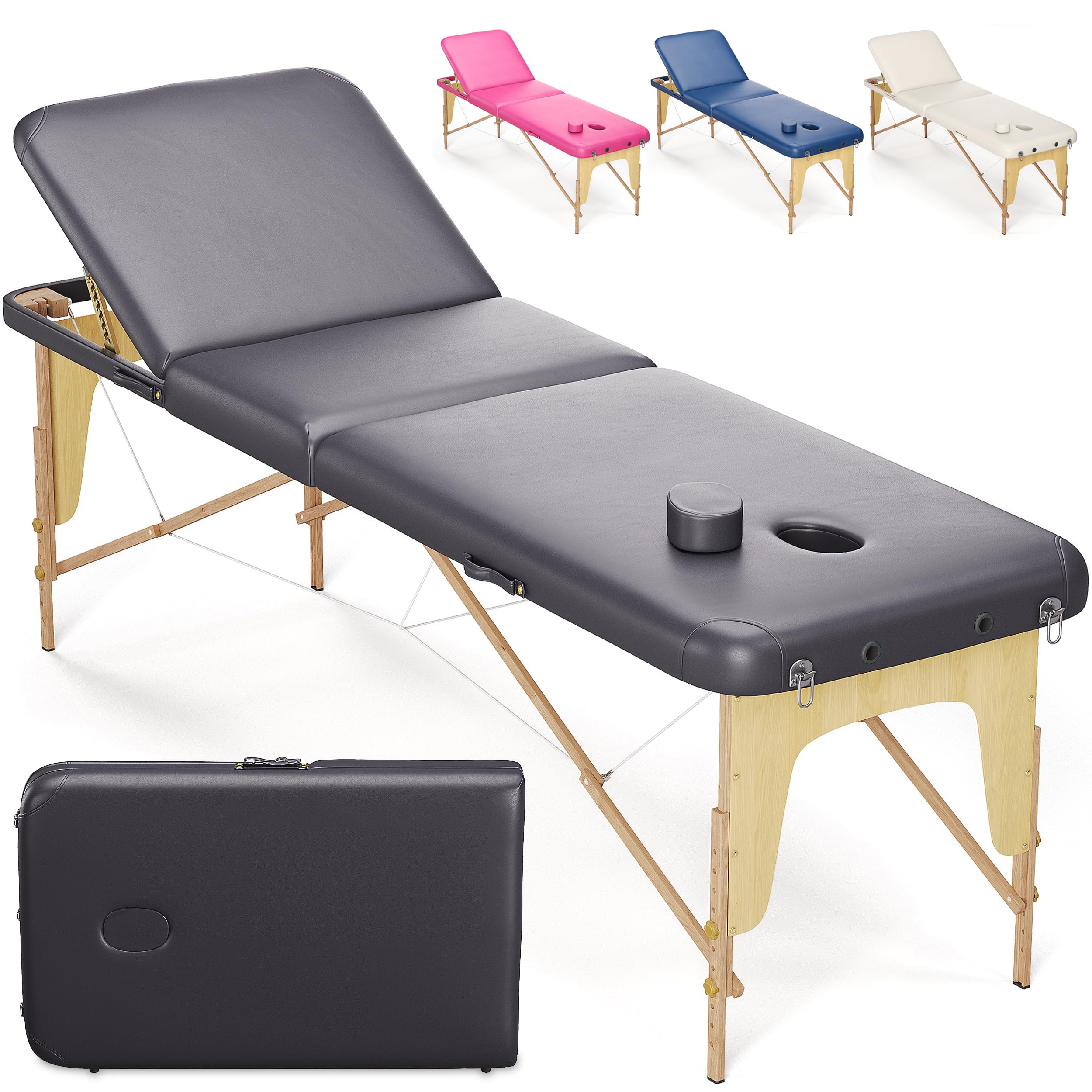 BELTOM® Table de Massage Basic 3 Zones Portables 185 x 60 cm. pour physiothérapie - Leger ne pèse Que 14,3 kg. - Cosmetique lit esthétique Pliante avec Panneau Reiki - Noir