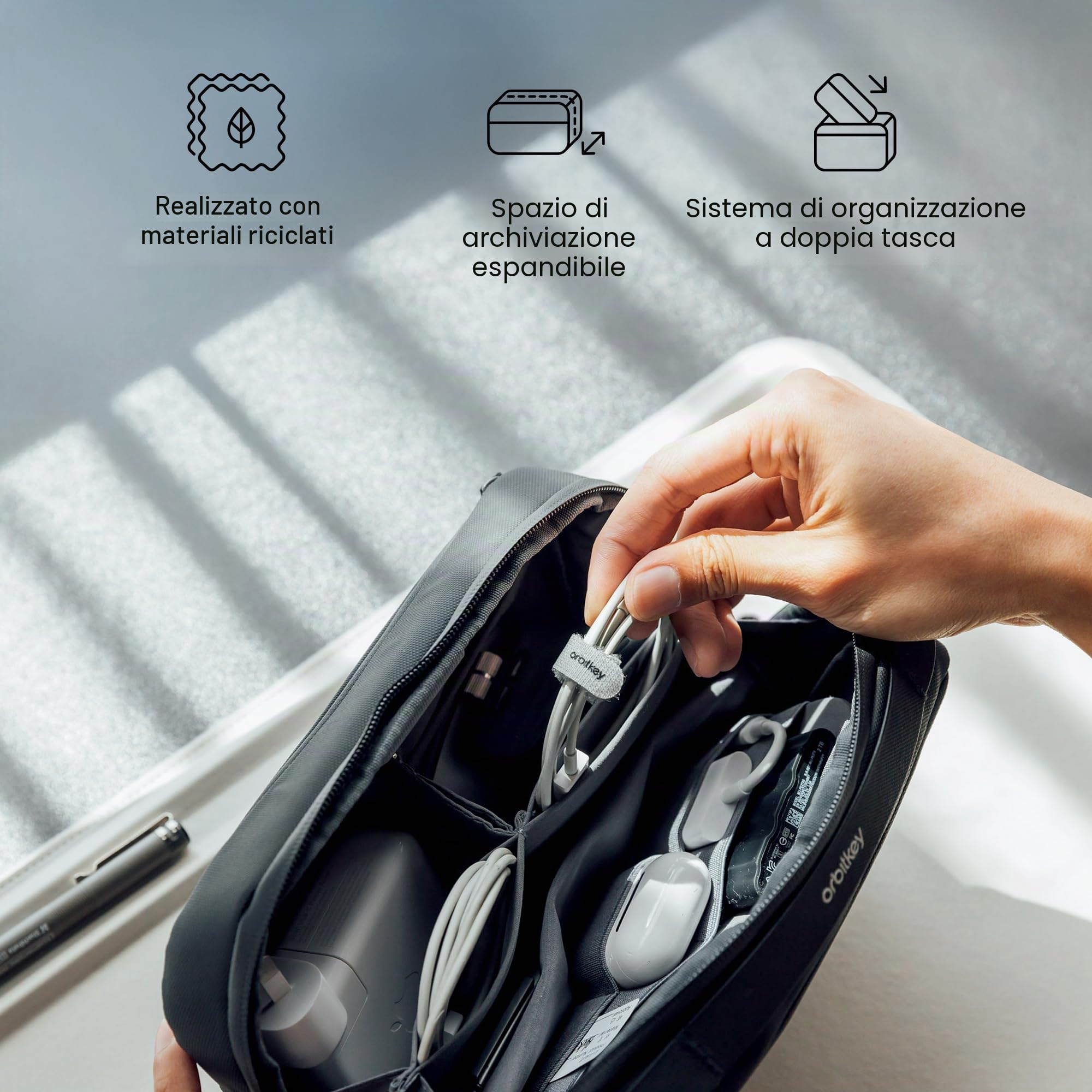 Orbitkey 2-in-1 Tech Accessory Pouch con custodia sottile staccabile - Organizzatore di elettronica da viaggio per cavi, caricabatterie, auricolari, power bank - Borsa gadget compatta e custodia