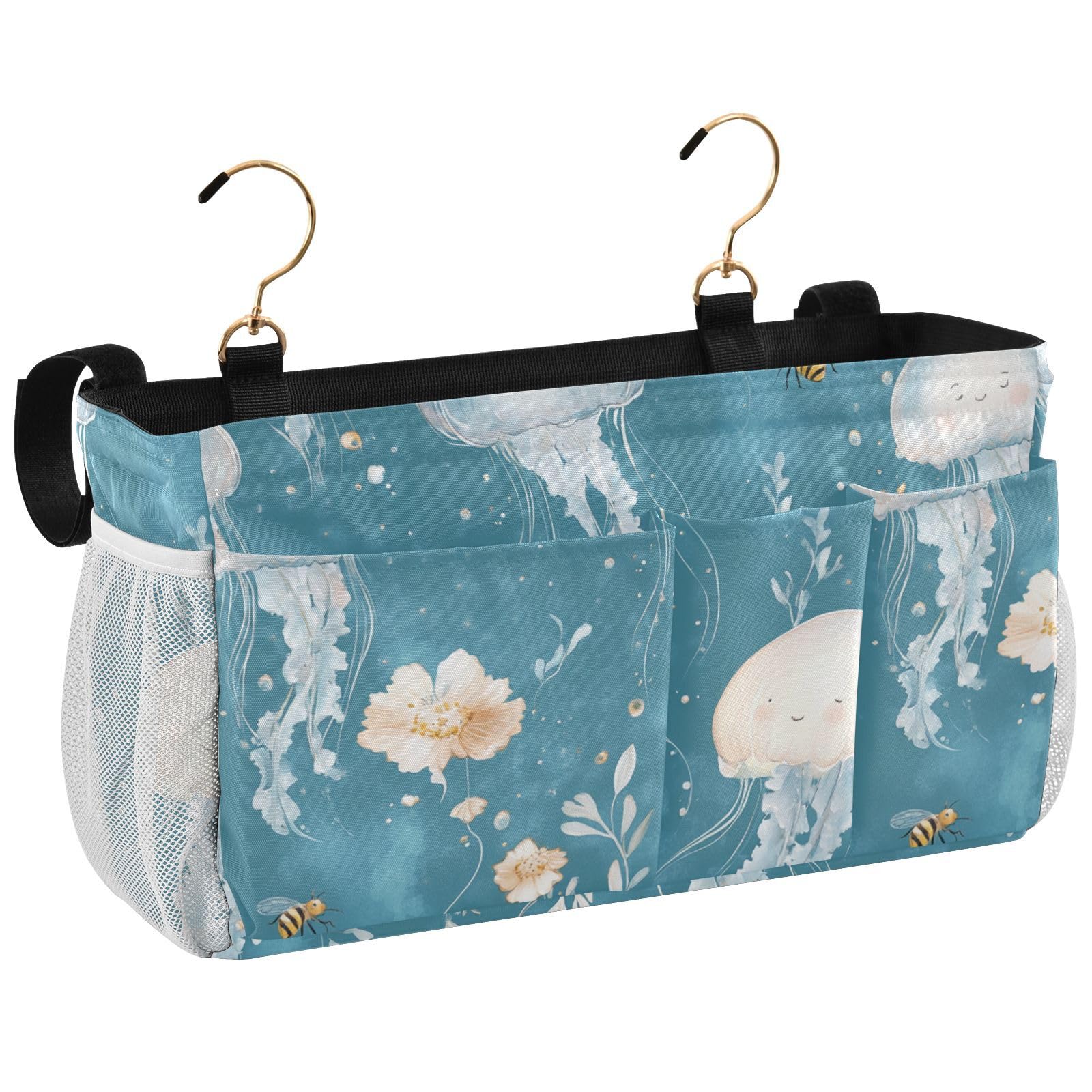 FRODOTGV Bedside Storage Organizer Side Bed Organizer Hanging Pocket Bag for Glasses Books Mobile Phones Keys Cute Jellyfish Teal