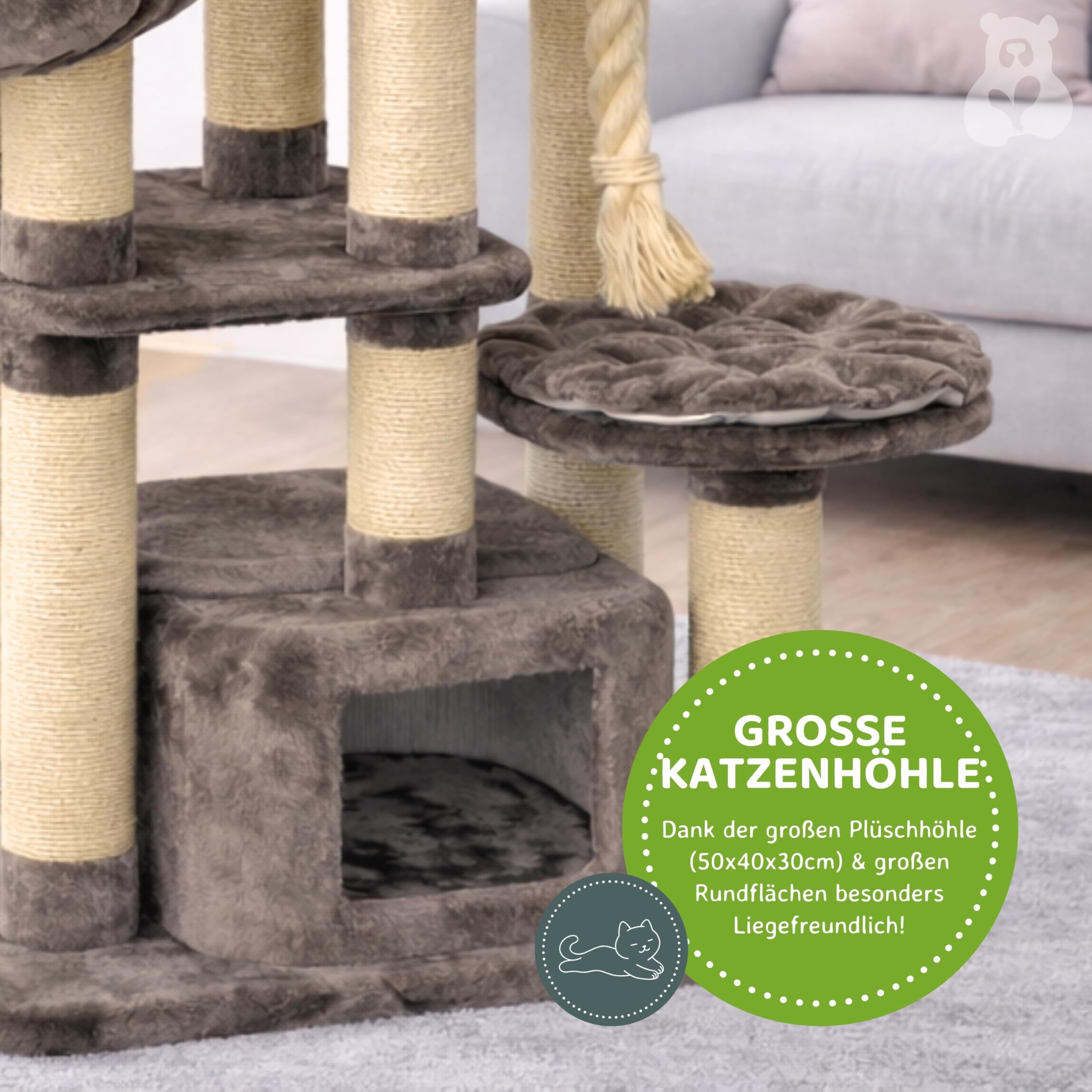 Kattenkrabpaal – 85 cm hoog – XXL sisal krabpaal – diameter 17 cm – dikke stam- ook voor grote katten – sisalpaal met pluchen bal – grijs – PCA042G01