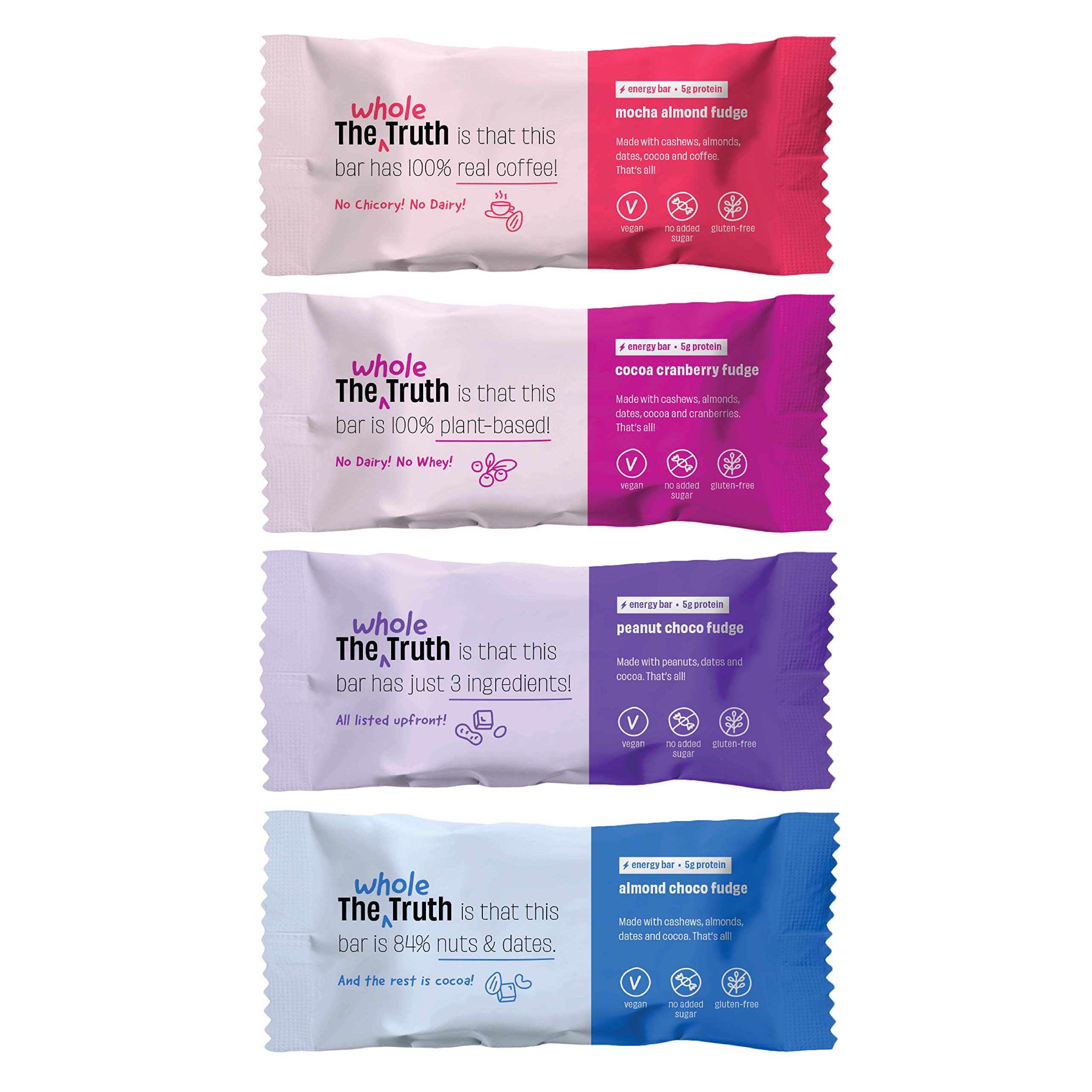 The Whole Truth - Energy Bars - Fudge All! | Pack of 6 x 40g | 2 Almond Choco Fudge, 2 Peanut Choco Fudge, 1 Cocoa Cranberry Fudge, 1 Mocha Almond Fudge | Dairy Free | No Added Sugar | All Natural (B08RDQ6DQH) Amazon Price History, Amazon Price Tracker