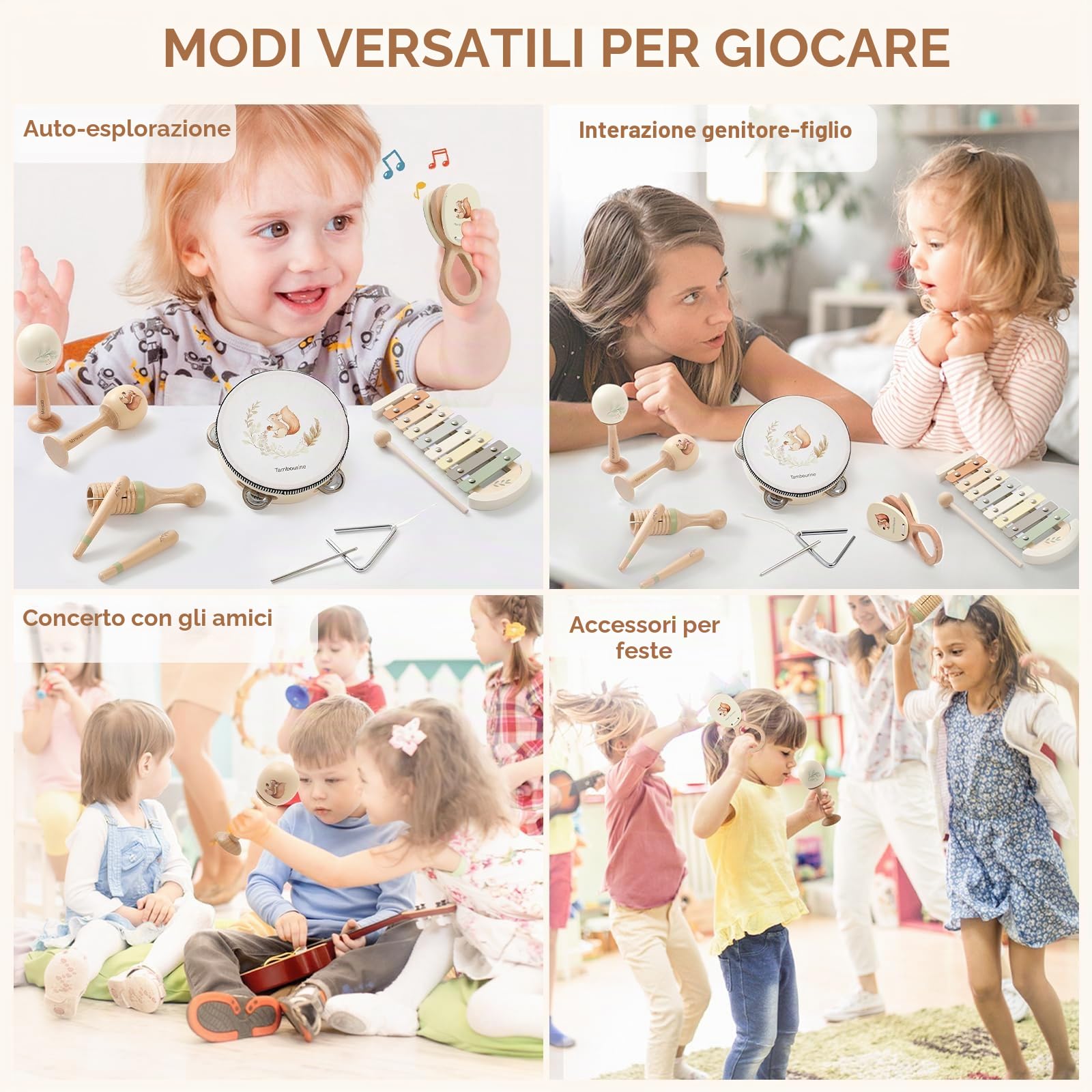 OESSUF Strumenti musicali per bambino a partire da 1 anno, xilofono e tamburello in legno, giocattoli Montessori a partire da 1 2 3 anni