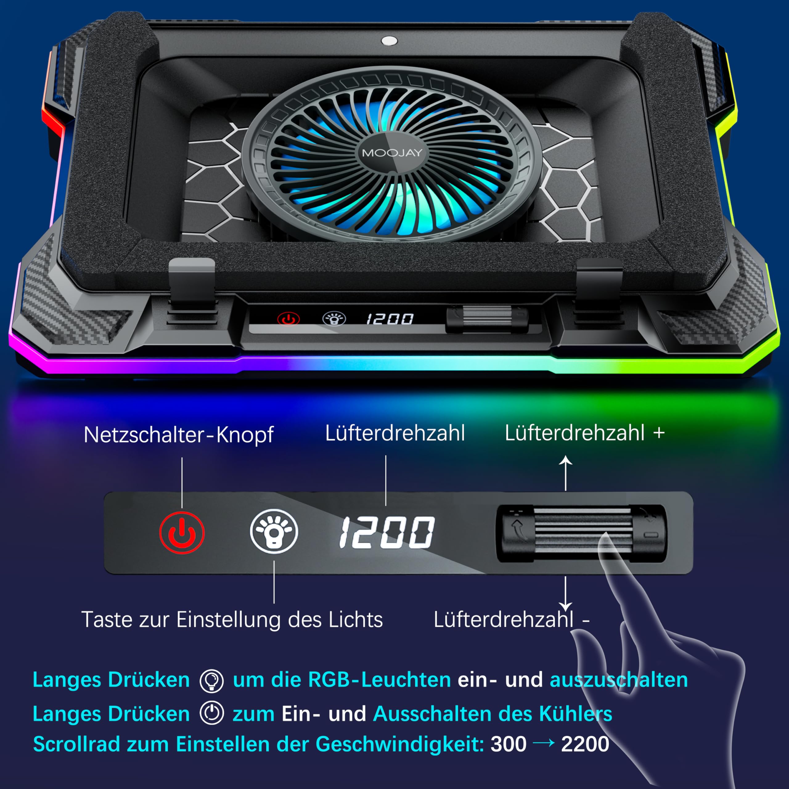 Laptop Kühlkissen Leistungsstarker Turbolüfter RGB Gaming Notebook Kühler MOOJAY Laptop Lüfter Kühlständer mit 8 Höhenverstellbar und Handyständer, für 14-19 Zoll Laptop - Eisblau LED Licht
