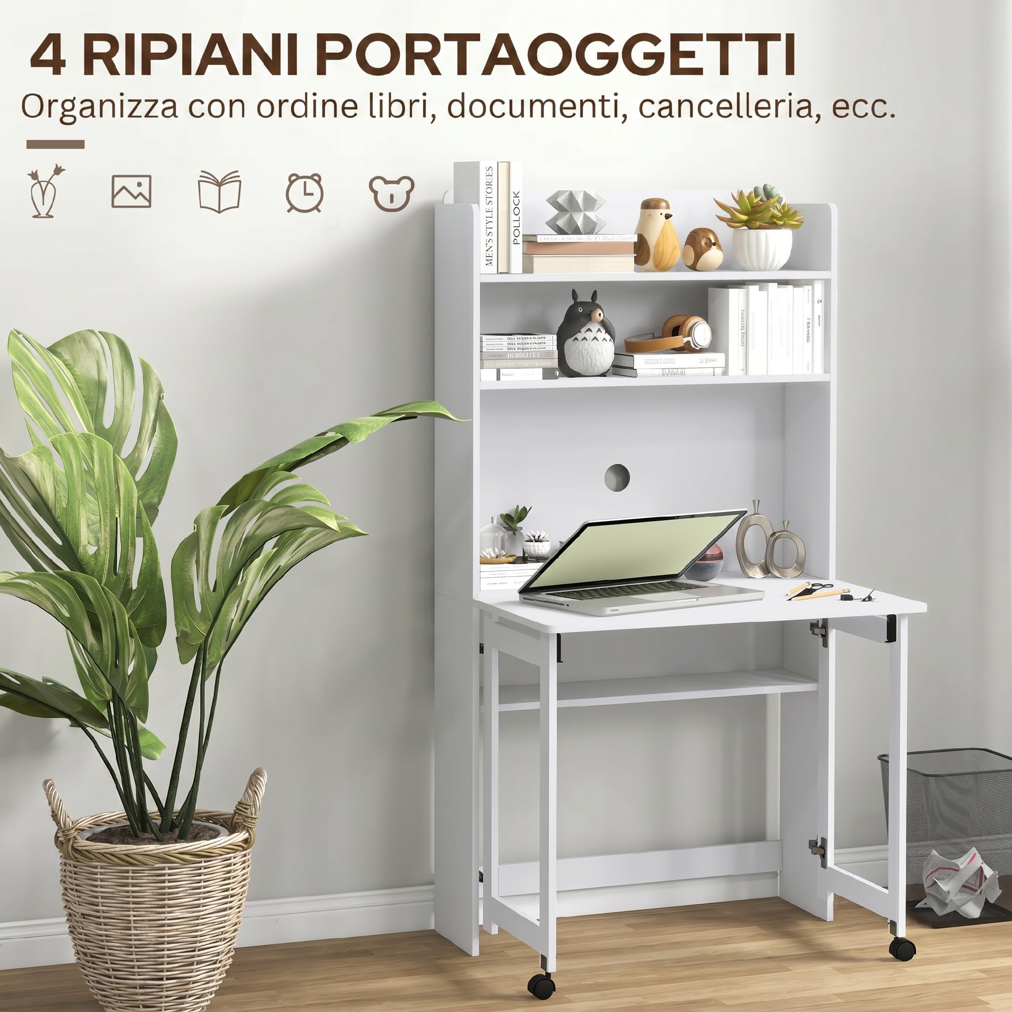HOMCOM Scrivania con Libreria, Piano Pieghevole, 80x69x155 cm, Bianco | 2 Ruote e 4 Ripiani, Scrivania Salvaspazio Moderna con Foro Passacavi, Tavolo per Computer, Casa Ufficio Studio