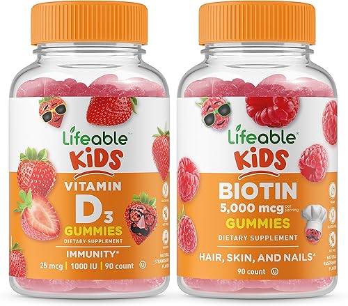 Lifeable Vitamina D Kids + Biotin Kids, paquete de gomitas Gran sabor, suplemento vitamínico, sin gluten, sin OMG, gomita masticable