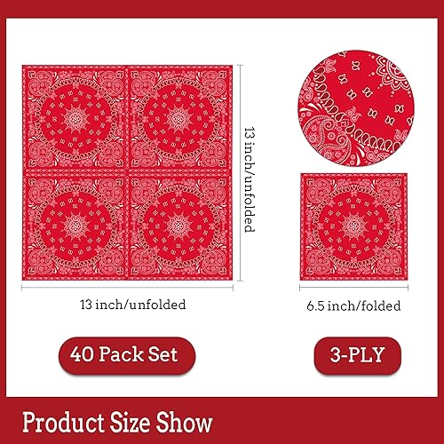 Miniatura 2 de Juego de 40 servilletas de papel del oeste de color rojo con bandana roja, juego de servilletas de papel occidental, bandana roja, suministros para