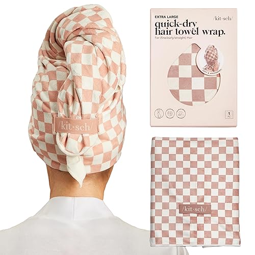 Kitsch XL Microfiber Hair Towel Wrap for Women – Ultra Absorbent Microfiber Towel for Wet, Curly, Long or Short Hair – Quick Dry, Anti-Frizz Hair Wrap – Terracotta Checkered, 40x24 inches - Terracotta Checkered