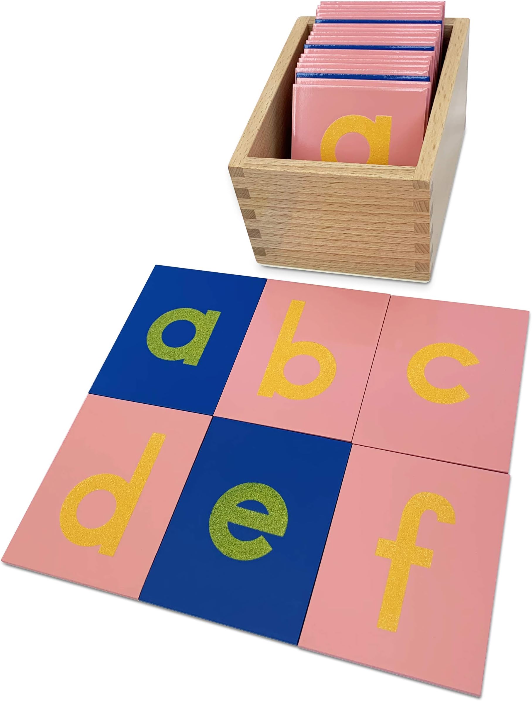 Montessori Sandpaper Letters | Lowercase | PP Wood Tiles | Vowel Consonant Color Coded | Includes Storage Box