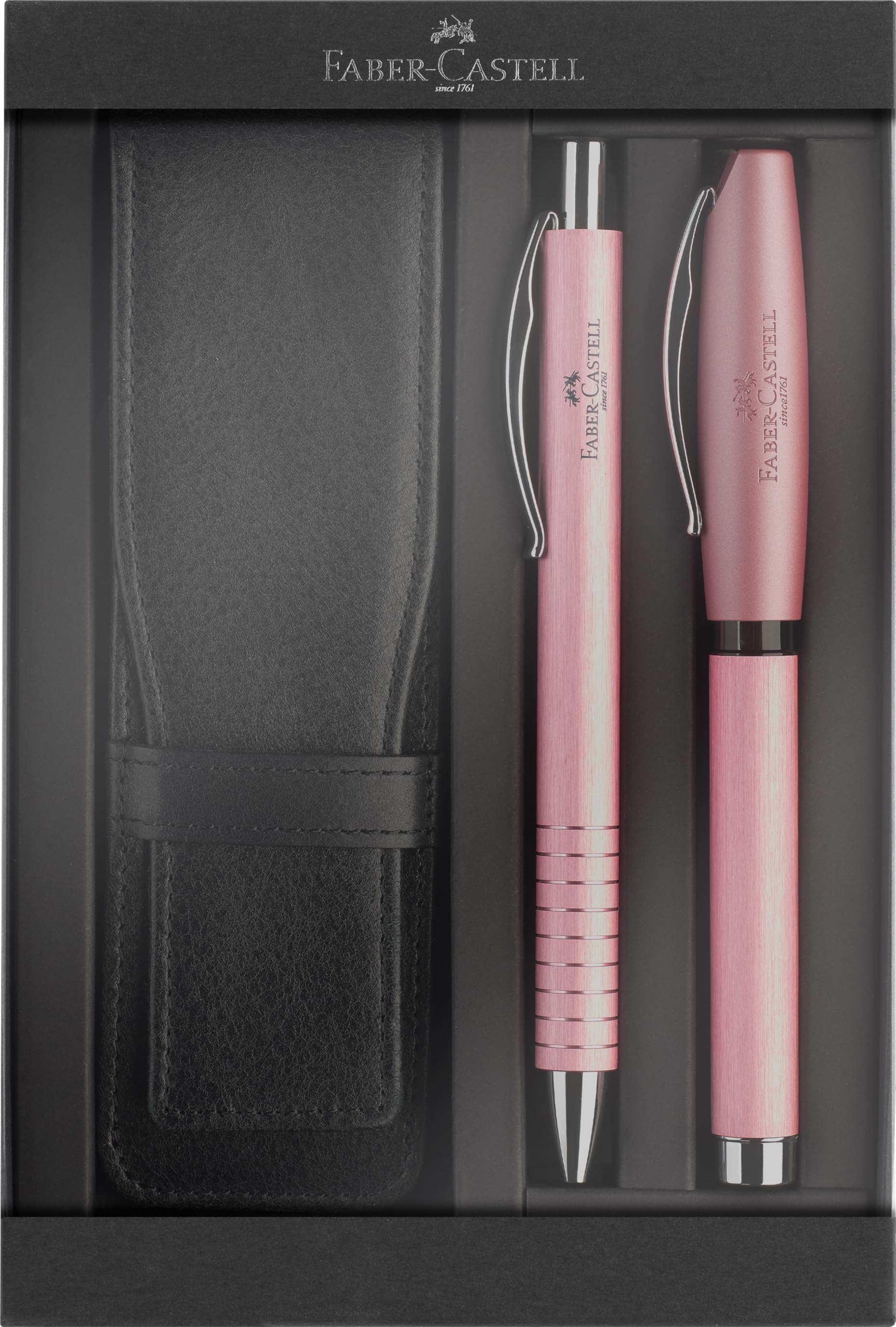 FABER-CASTELL 202188 Essentio - Set de regalo de aluminio rosa con pluma estilográfica, bolígrafo y estuche para bolígrafos