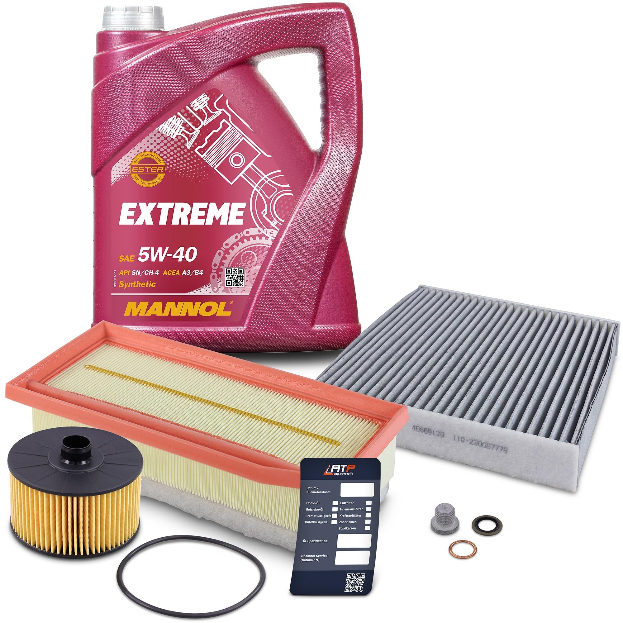 BESTPRICE Inspektionspaket Filterset mit 1x Ölfilter, 1x Innenraumfilter (Aktivkohle), 1x Luftfilter, 5l Motoröl 5W-40 MANNOL EXTREME, 1x Ölablassschraube, 1x Ölwechselanhänger