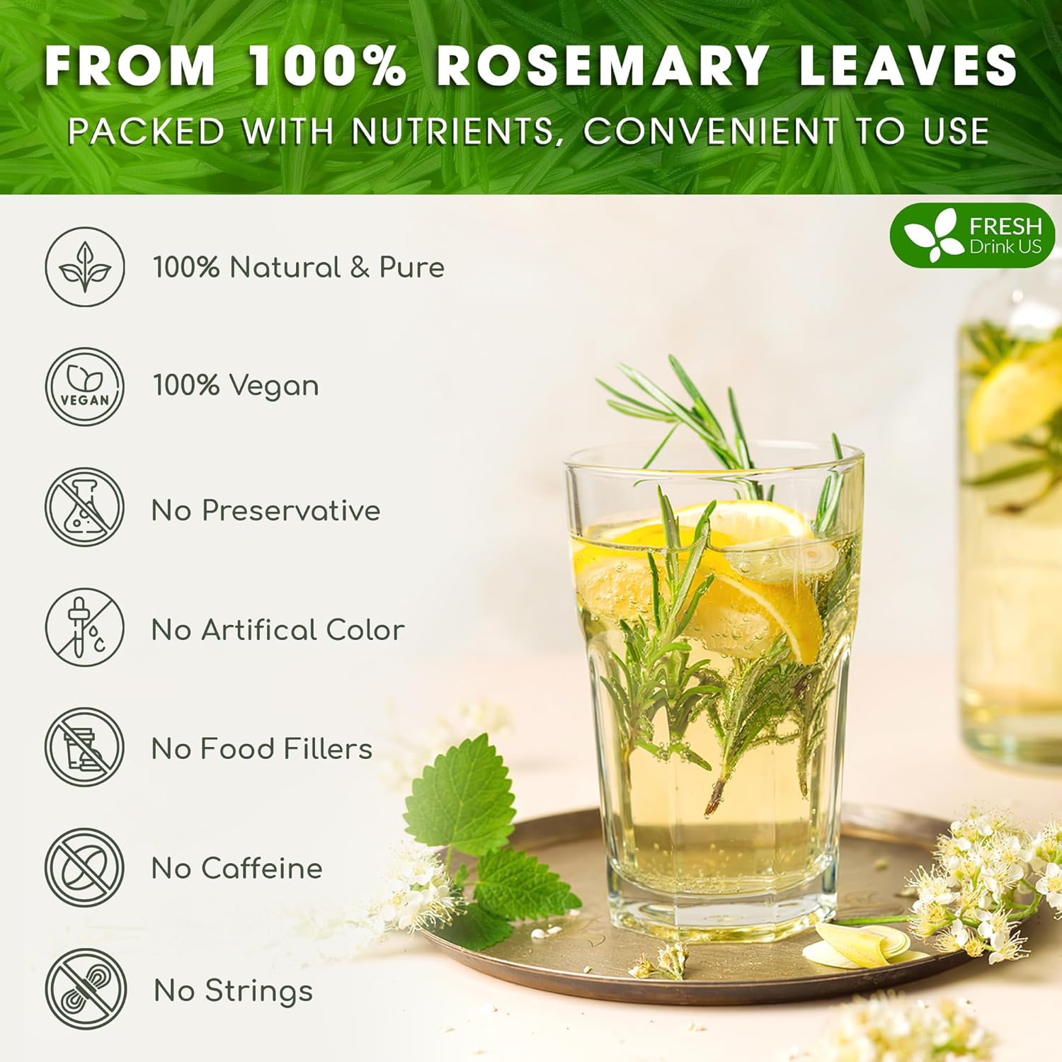 FreshDrinkUS, Premium 135 Rosemary Leaf Tea Bags, 100% Natural and Pure Rosemary Dried Leaves, Pure Herbal Tea, No Additives, No Caffeine, No Gluten, Vegan. (135 Tea Bags)