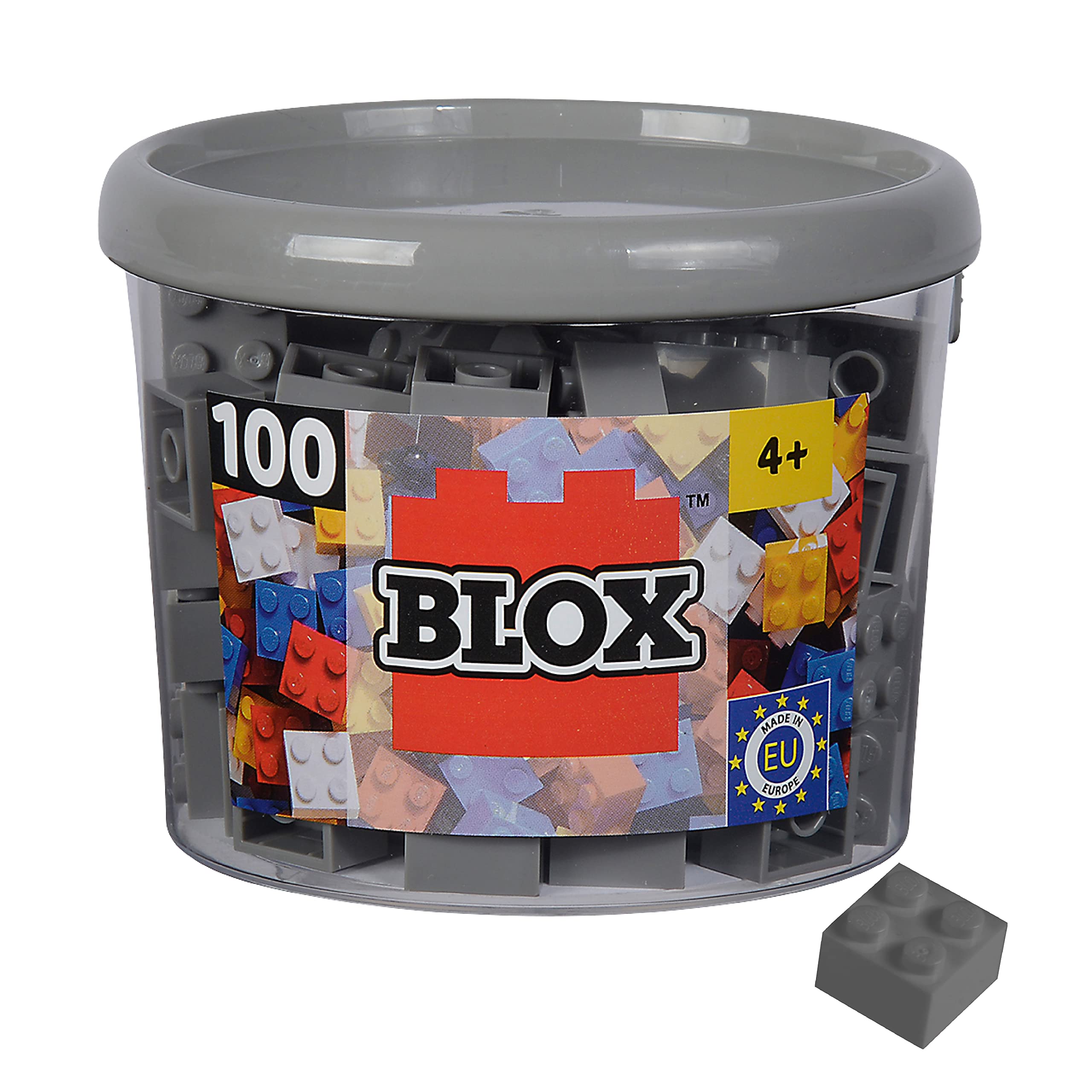 Simba Blox, 104114534, 100 Grey Building Blocks for Children from 3 Years, 4 Bricks, in Tin, Fully Compatible with Many Other Manufacturers