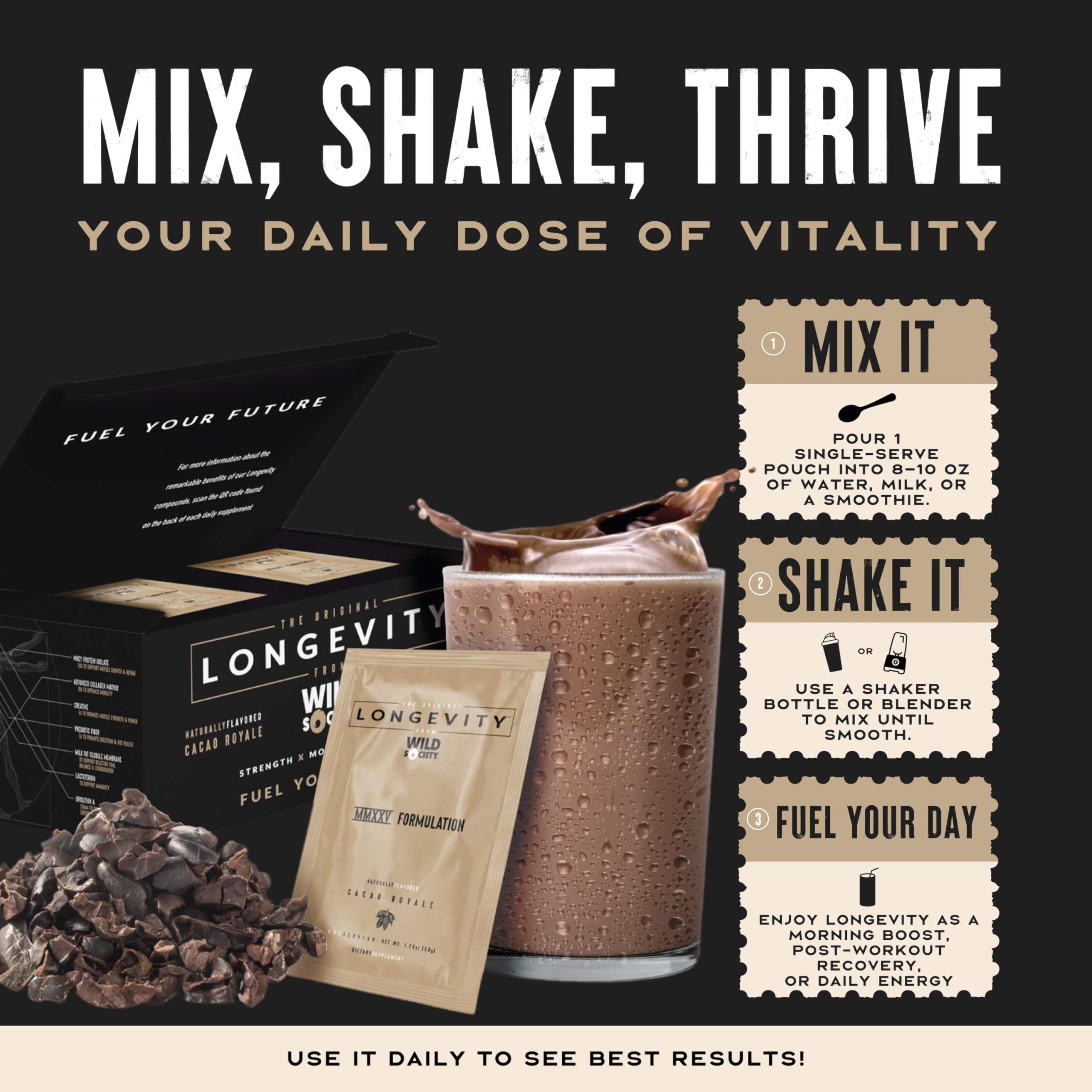 WILD SOCIETY Longevity Shake, Chocolate Protein Powder, 15 Servings — Amazon image 7
