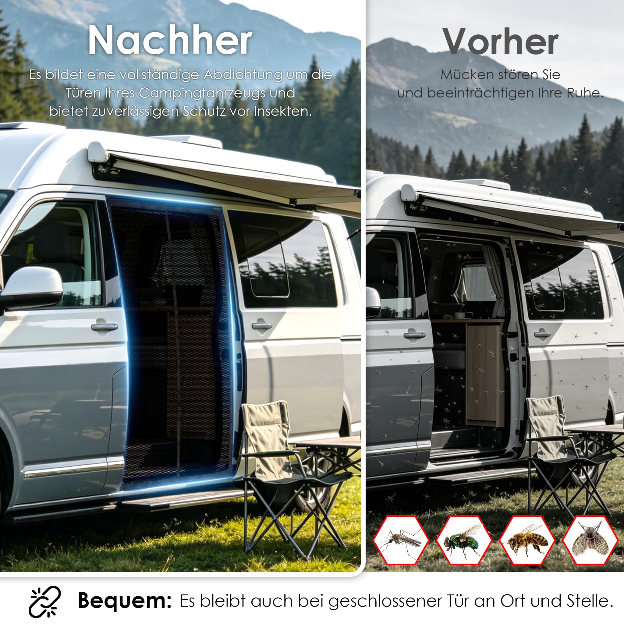 Zanzariera magnetica per porta laterale VW T5 T6, poliestere 122 g/m², maglia 1 mm, per campeggio