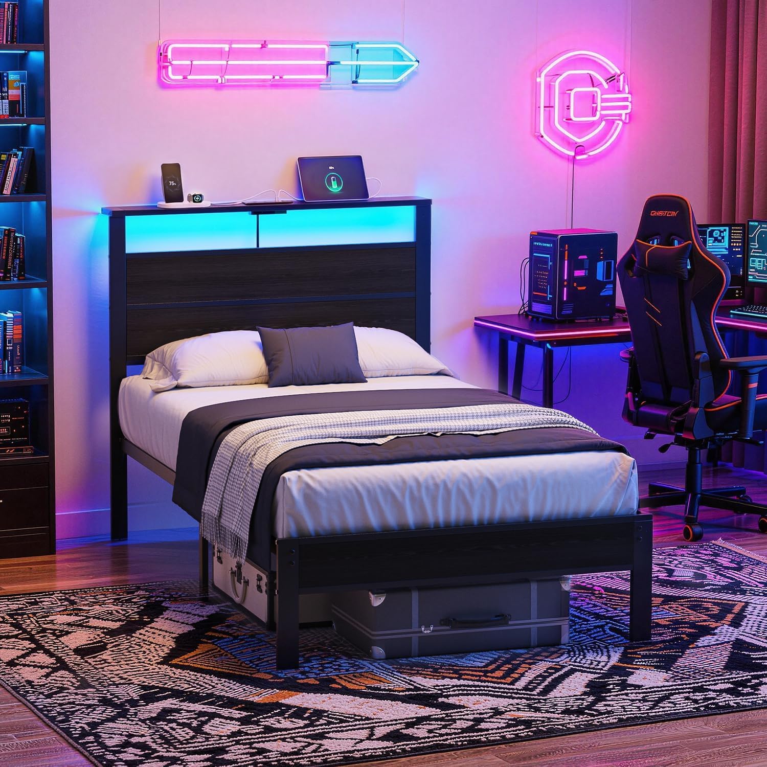 Twin Bed Frame with LED Lights & USB Charging Station, Black Metal Platform Bed with Storage Headboard, Under-Bed Space, Noise-Free & Sturdy, No Box Spring Needed, Easy Assembly