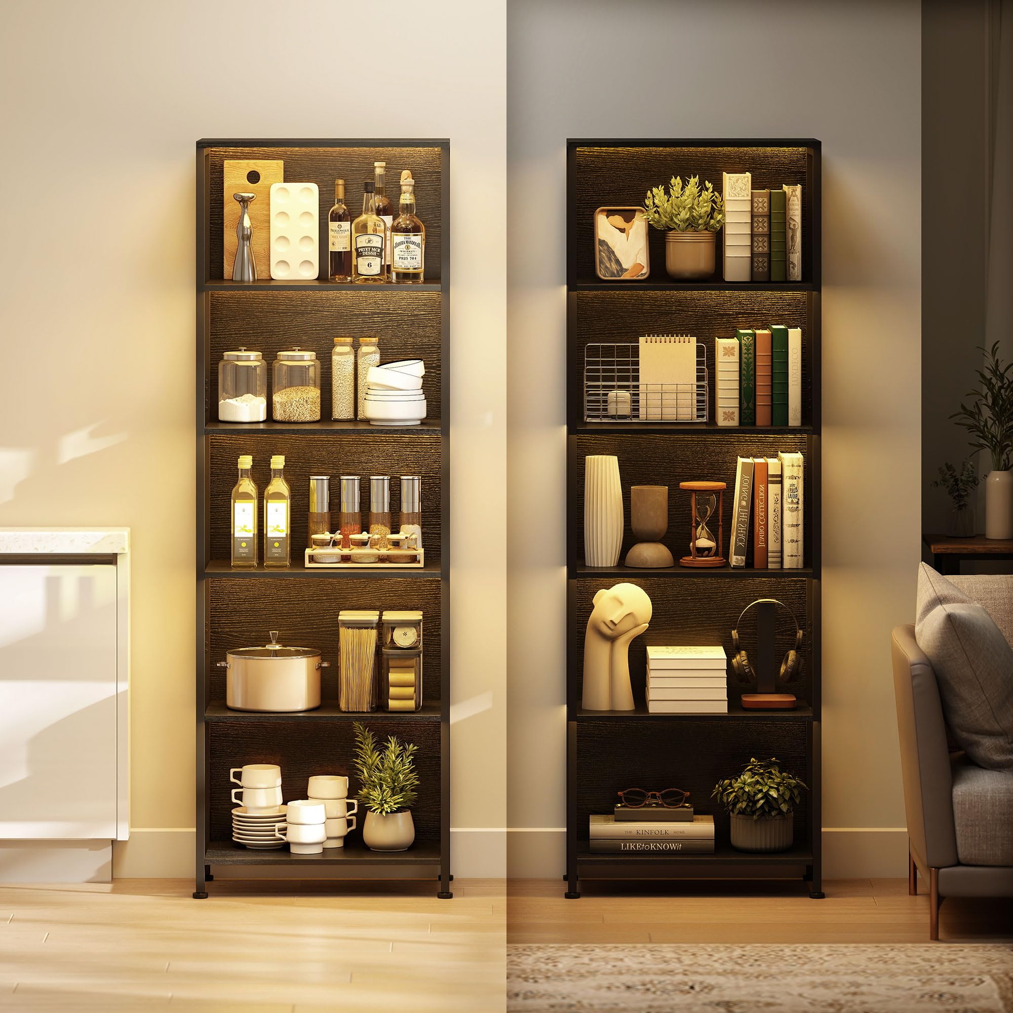 HOMCOM Bibliothèque à 5 Niveaux avec éclairage LED 7 Couleurs, étagère de Rangement, Structure en Acier, Style Industriel, Meuble de Rangement pour Salon, Bureau, Chambre, 60 x 30 x 179 cm, Noir