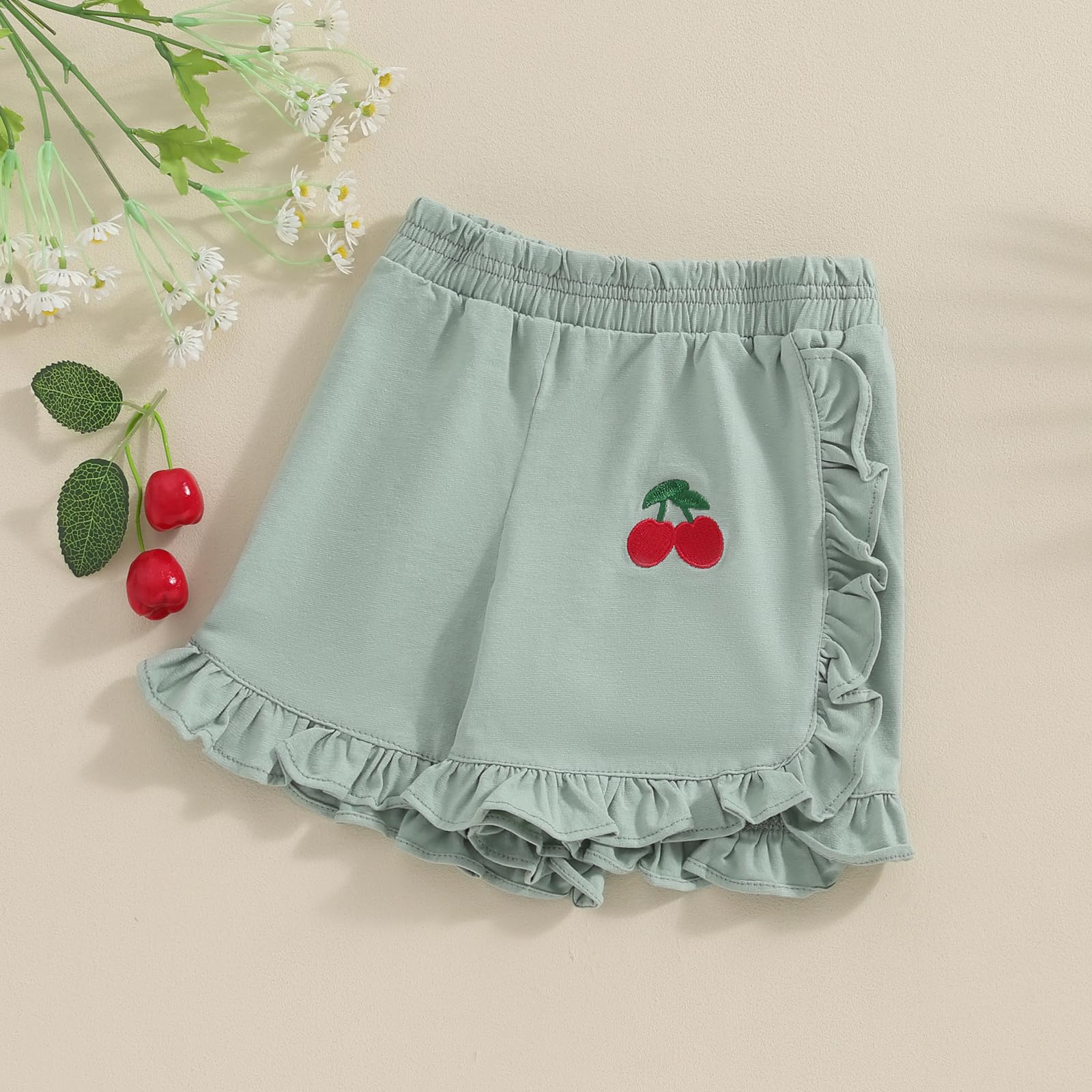 Baby Girl Ruffle Shorts Elastic Waist Cherry Embroidery Bloomer Shorts Toddler Short Pants for Summer (Green, 18-24 Months)