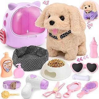 Tacobear Dog Toy Children Running and Barking, Electric Plush Dog with Lead Dog Cage Dog Coat Interactive Pet Cuddly Toy Play Dog Gift Toy for Girls 3 4 5 6 Years