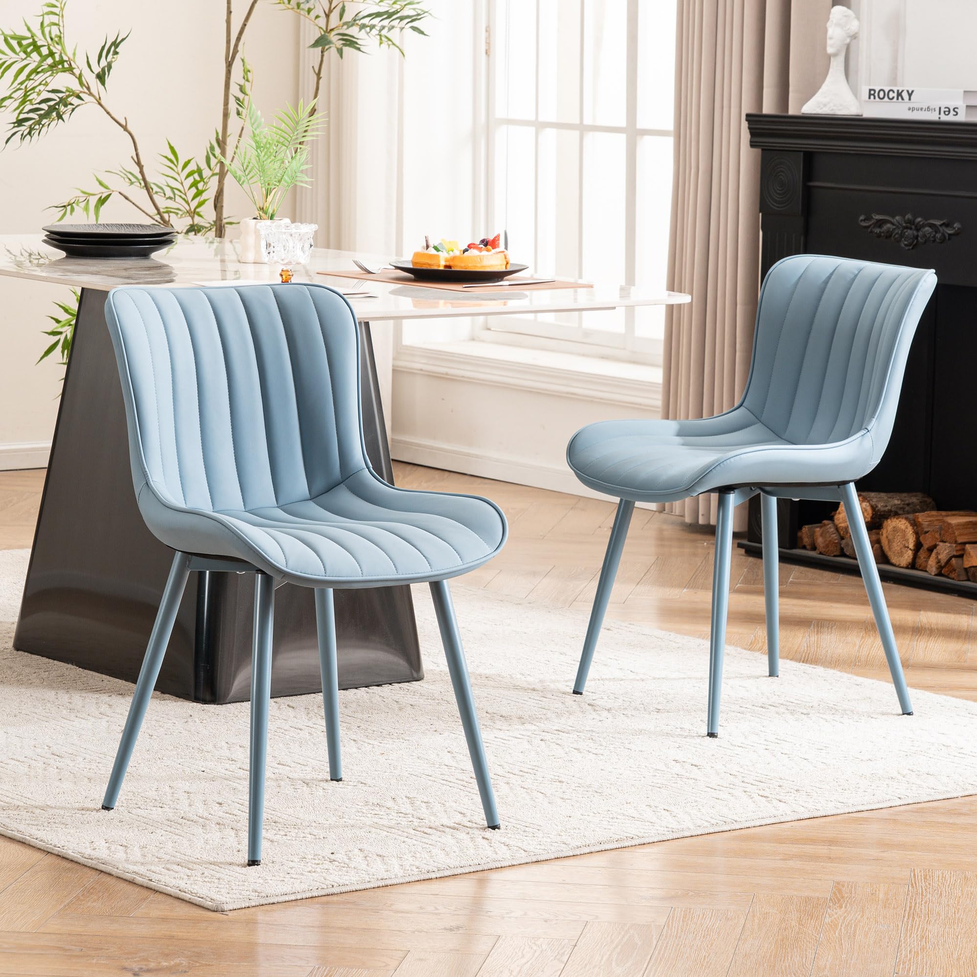 YOUNUOKE Mid-Century Modern Dining Chairs Set of 2, Blue PU Leather Upholstered Kitchen Chairs with Blue Metal Legs, Armless Accent Chair for Dining Room, Guest Reception Room