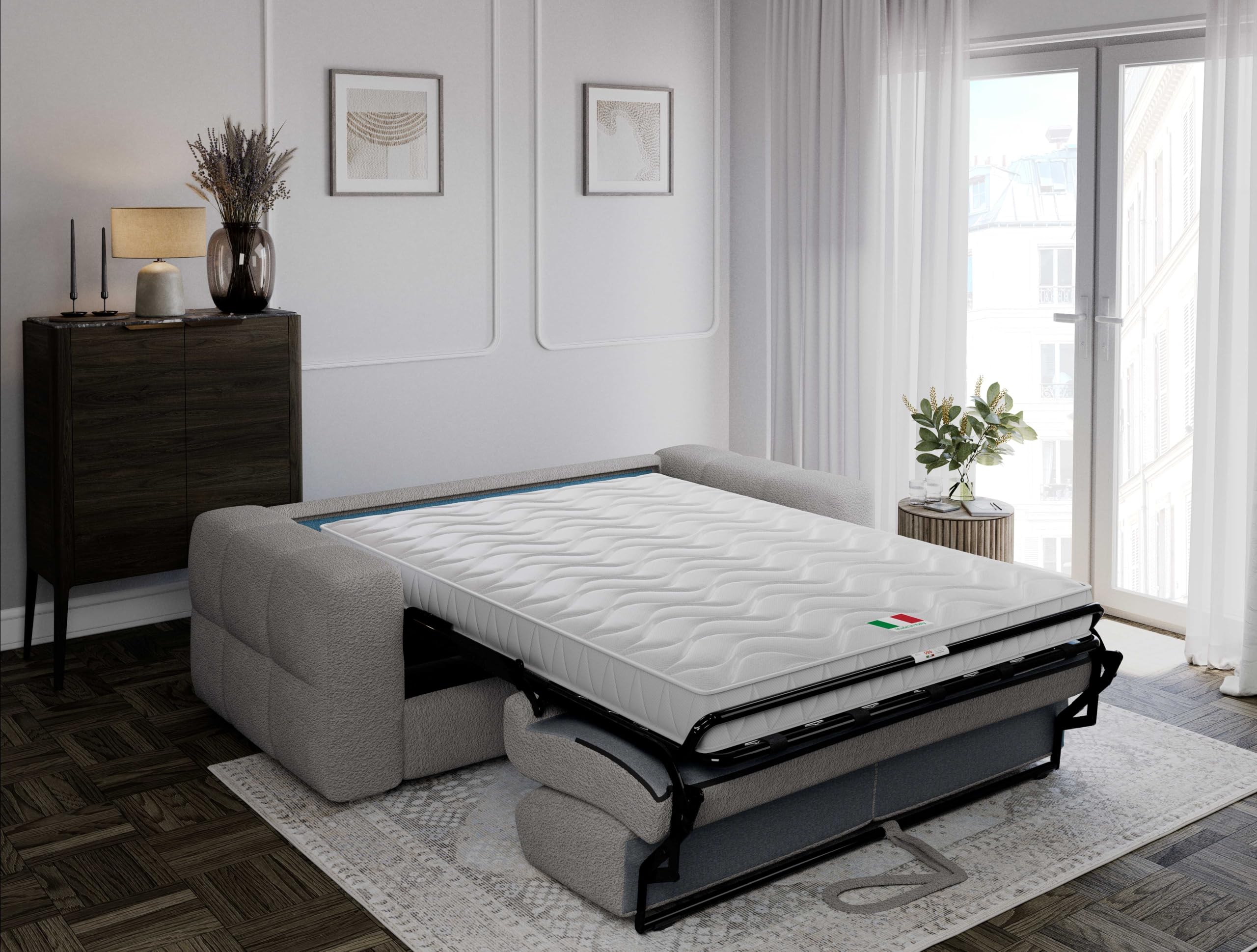 Divano Letto Cecilia 3 Posti Struttura in Metallo e Legno Imbottitura in Gomma di Poliuretano Rivestimento in Tessuto Rete Elettrosaldata Materasso 140x190 cm H14 cm Colore:Grey