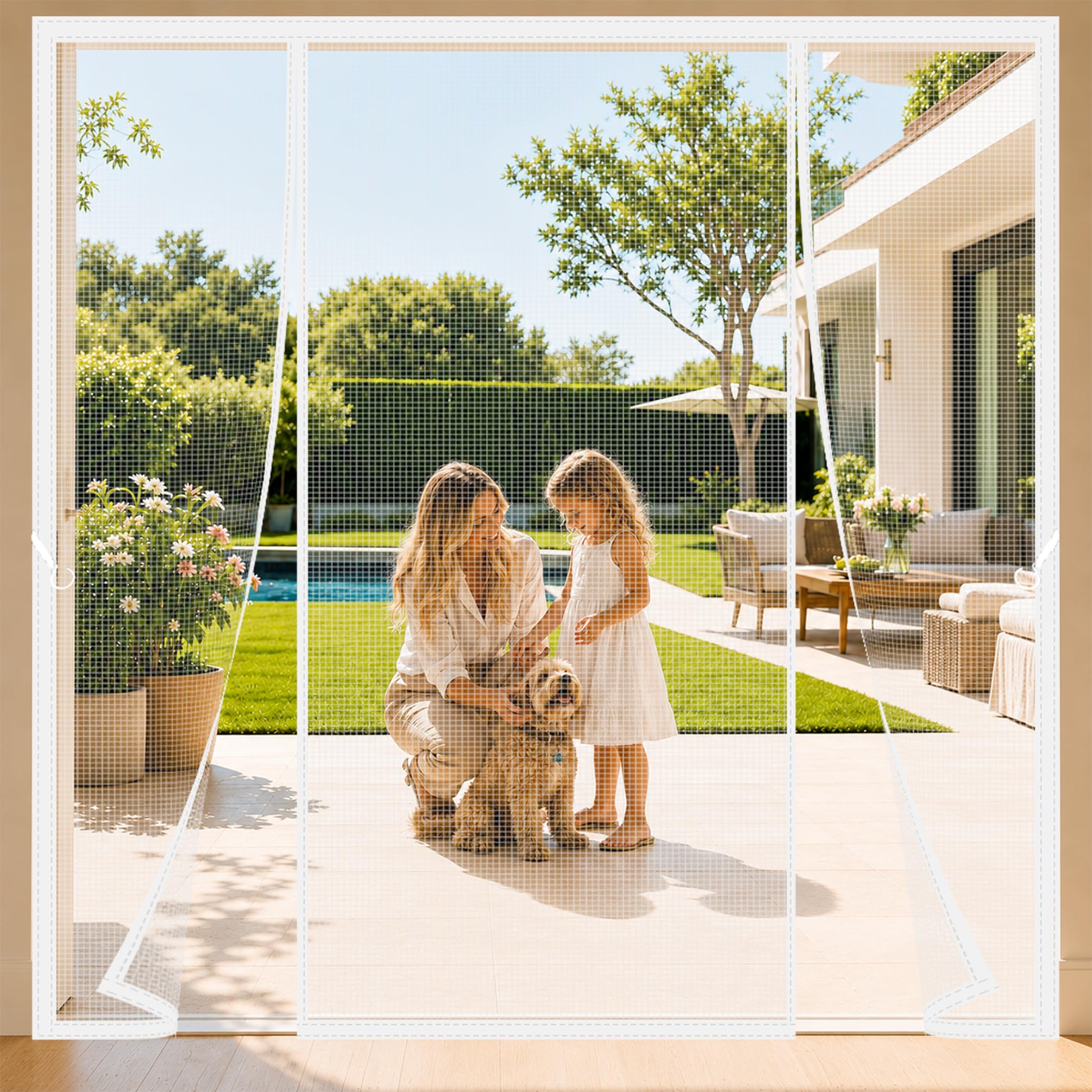 Double Opening Mosquito Screen Door 180x235cm Double Door Magnets Mesh Curtain Screen Magnetic Closure Pet and Kid Entry Friendly for Modern Homes with Big Glass Doors and Open-Plan layouts White