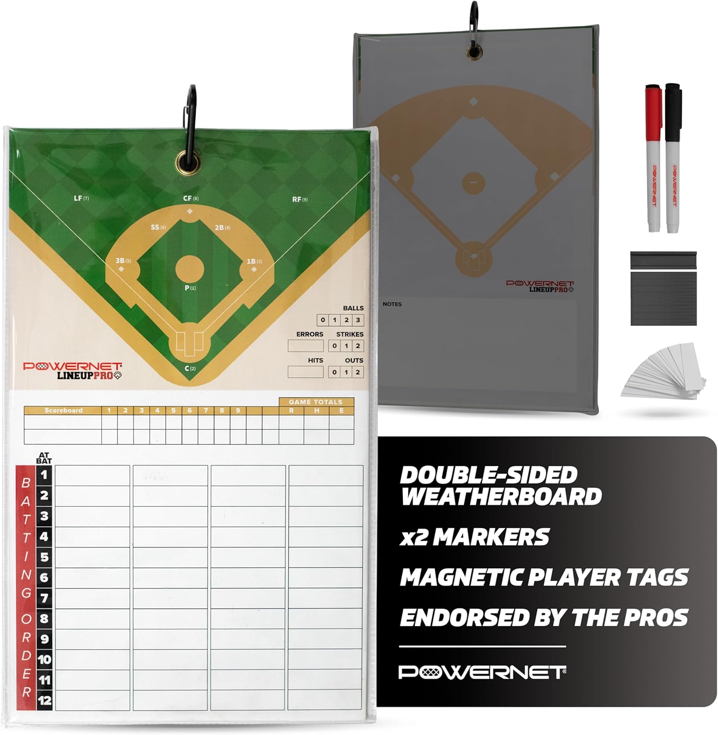 PowerNet Magnetic Softball & Baseball Lineup Board for Dugout, Waterproof Double Sided Communication Board with Fence Clip, Includes Dry Erase Markers & Player Name Tags