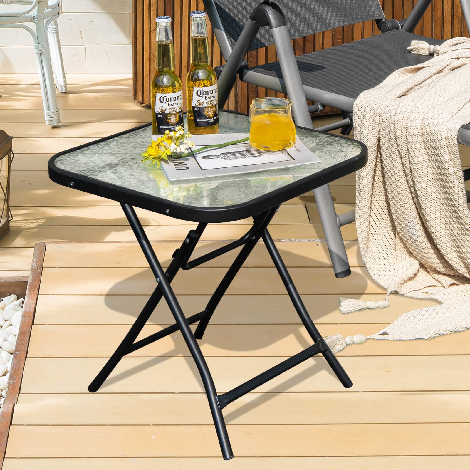 COSTWAY Tavolino Esterno Pieghevole, Tavolo da Giardino con Piano in Vetro, Struttura Metallica, Tavolino Portatile per Cortile Balcone Terrazza, 46 x 47 cm (Quadrato)