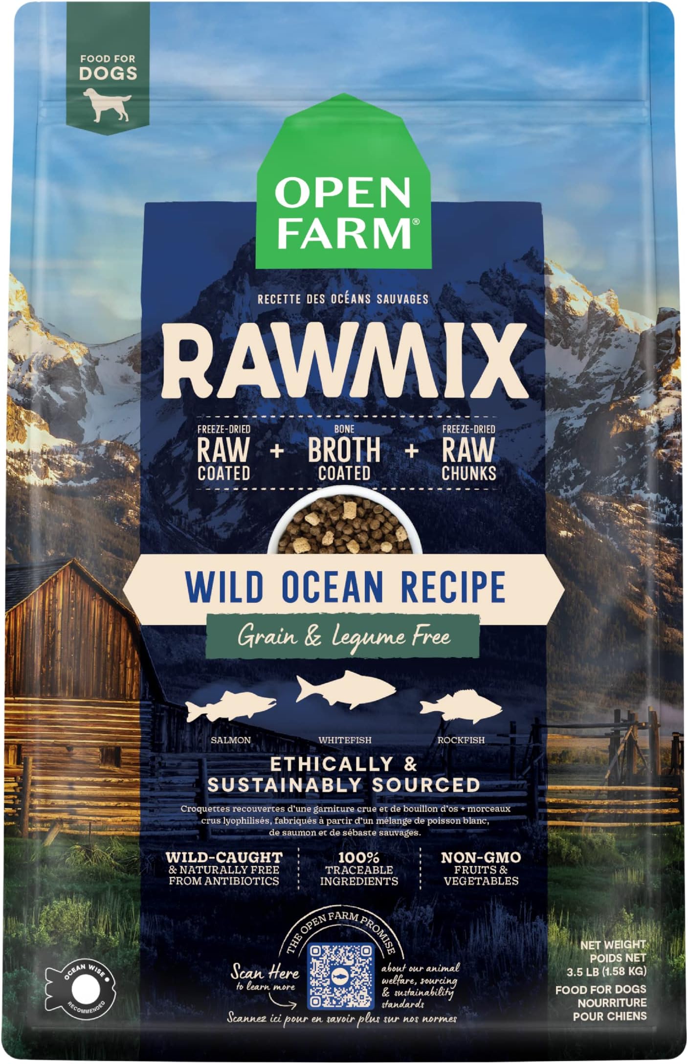 RawMix Grain-Free Dry Dog Food, Protein-Packed Kibble Coated in Bone Broth with Freeze Dried Raw Chunks, Salmon Whitefish & Rockfish,Wild Ocean Recipe, 3.5lb Bag