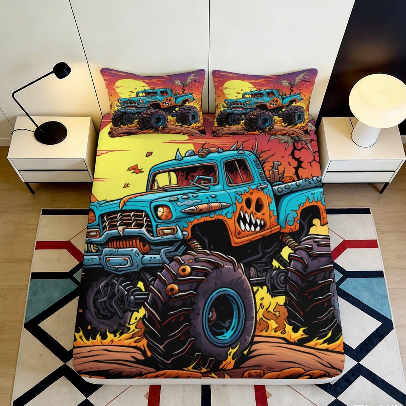 3D Printed Monster Truck Fitted Sheet Microfiber Vibrant Cartoon Bed Cover for Bedroom Dorm Mattress Decor 90x200x25cm