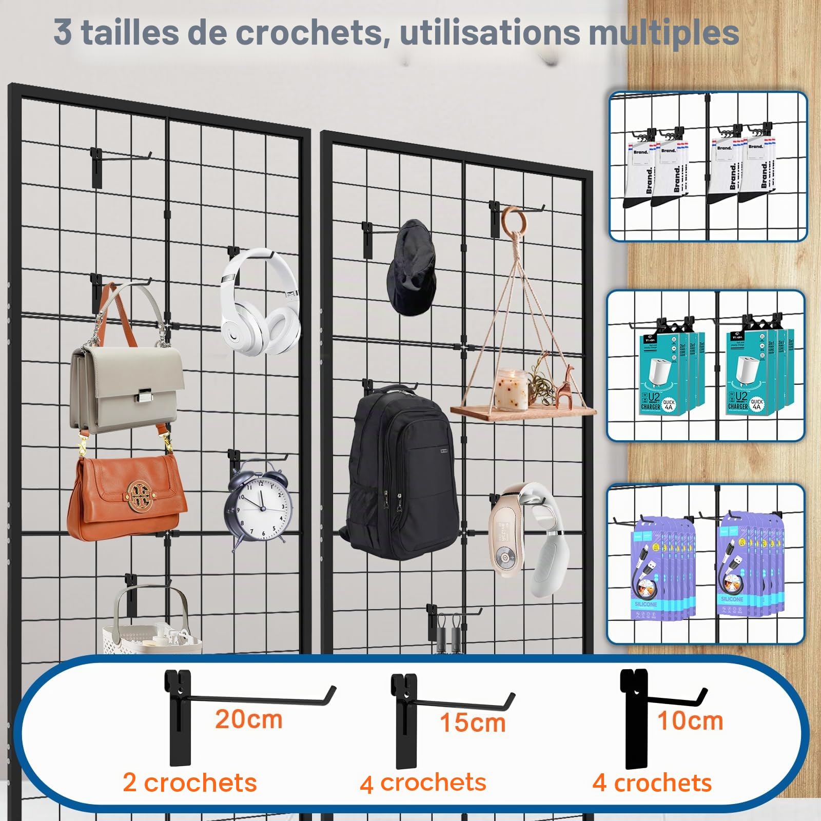 Grille d’Exposition sur Pied 65x172 cm – Présentoir Grille Métallique avec Roulettes, Panneau Grille Amovible avec Crochets pour Magasins, Marchés et Salons Artisanaux