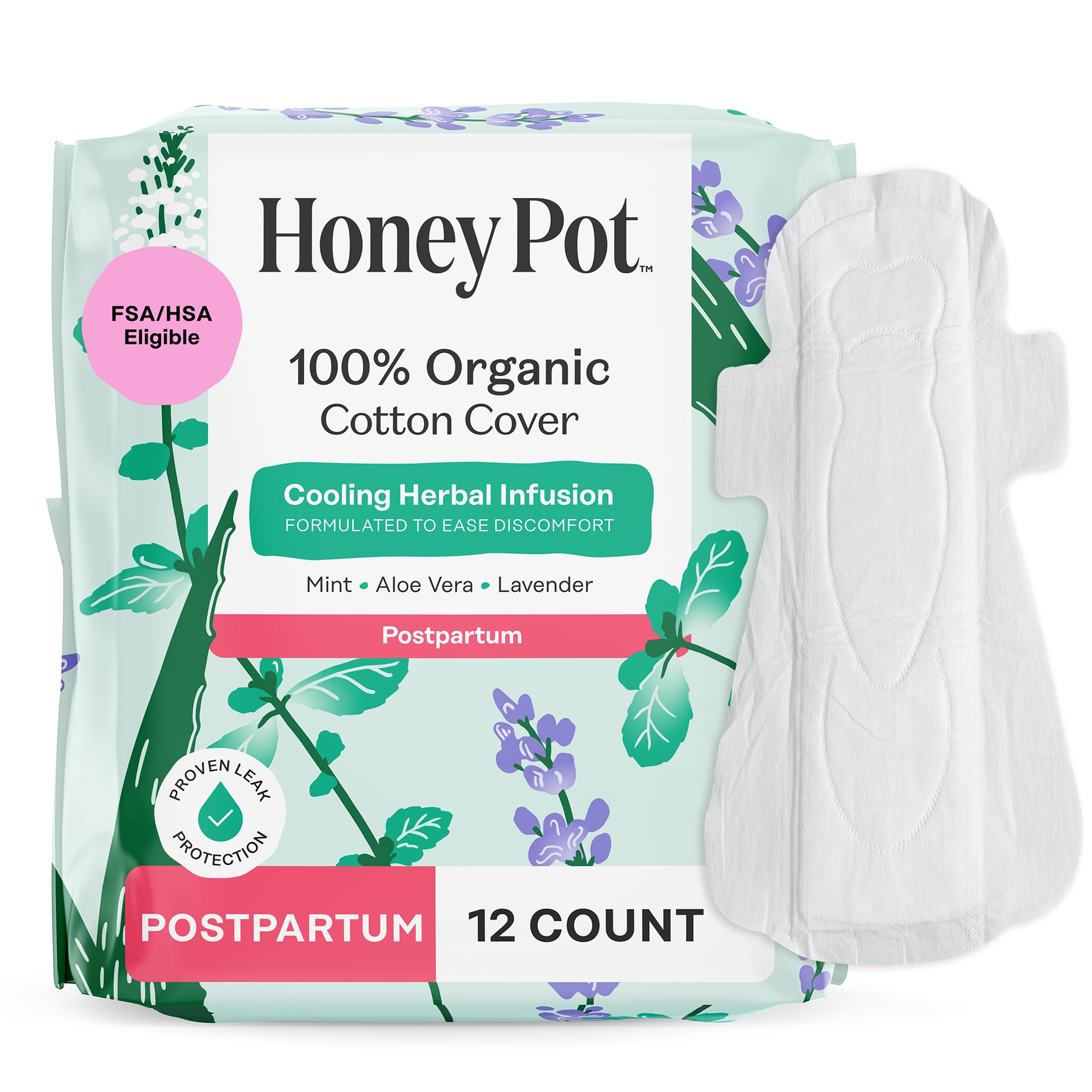 The Honey Pot Company - Herbal Postpartum Pads w/Wings - Infused w/Essential Oils for Cooling Effect, Organic Cotton Cover, & Ultra-Absorbent - Feminine Care - 12ct