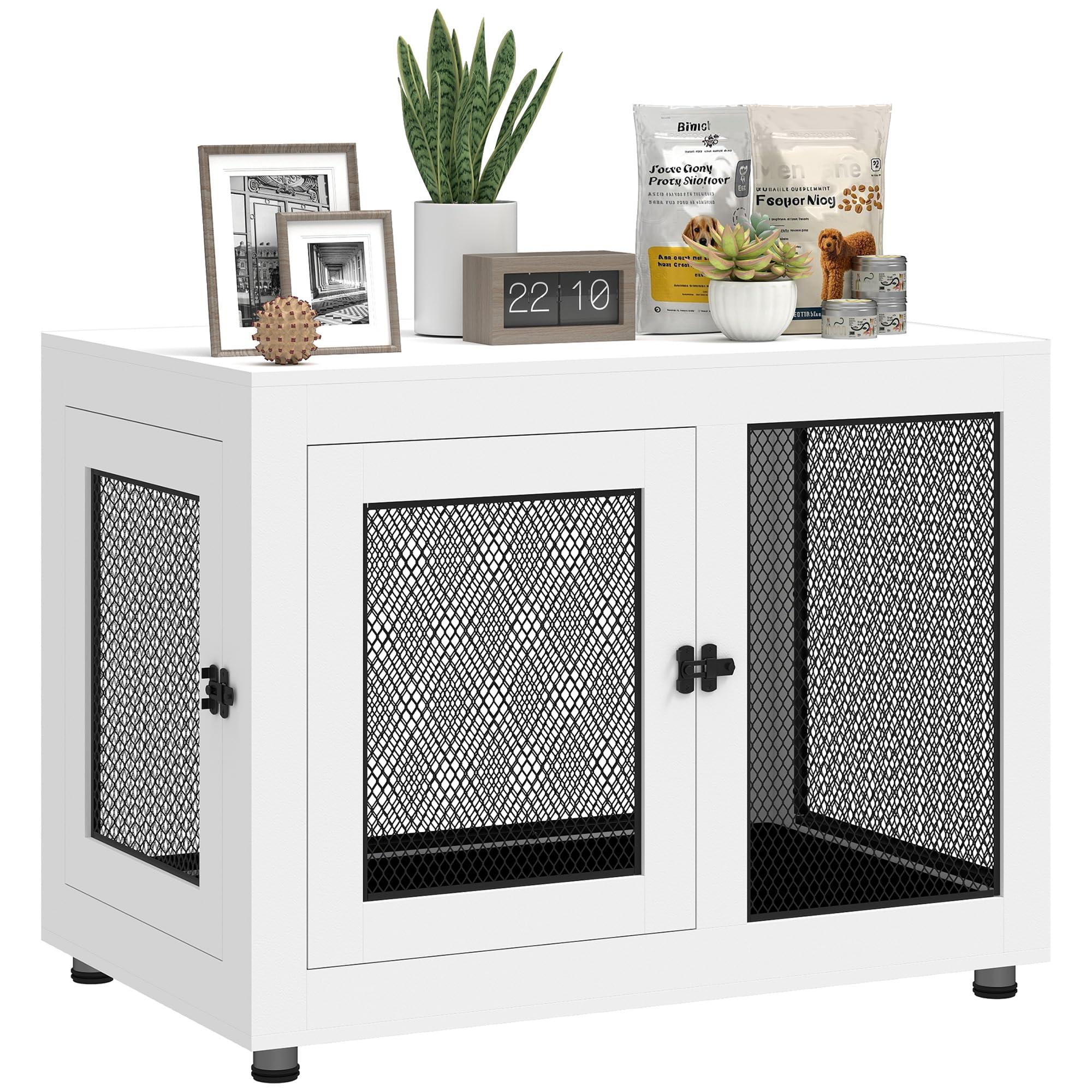 PawHut Cage pour Chiens Interieur, Table d'appoint, Cage Chien de Taille Grand avec 2 Portes, Coussin Amovible, Plateau, résistants aux morsures, 94 x 60 x 71,​5 cm, Blanc