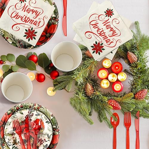 Miniatura 7 de Umigy Juego de vajilla desechable de 400 piezas de Navidad para 50 invitados, platos de papel y servilletas de flores de pascua, vasos de plástico,